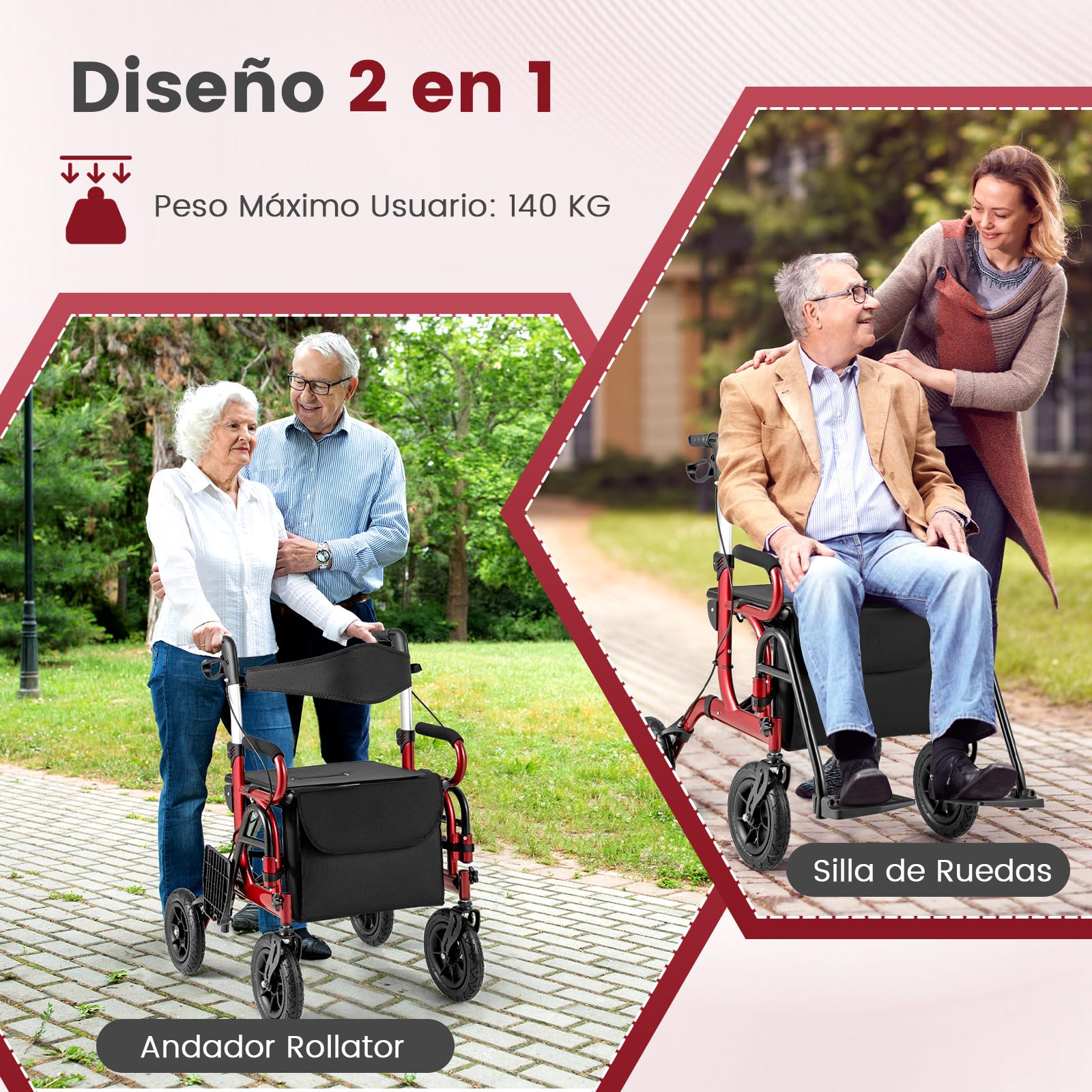 COSTWAY 2 en 1 Andador para Ancianos con Asiento, Taca Taca Adultos Plegable, Silla de Ruedas de Neumáticos, Altura Ajustable, Reposapiés abatibles, Estructura de Aluminio Ligera (rojo)