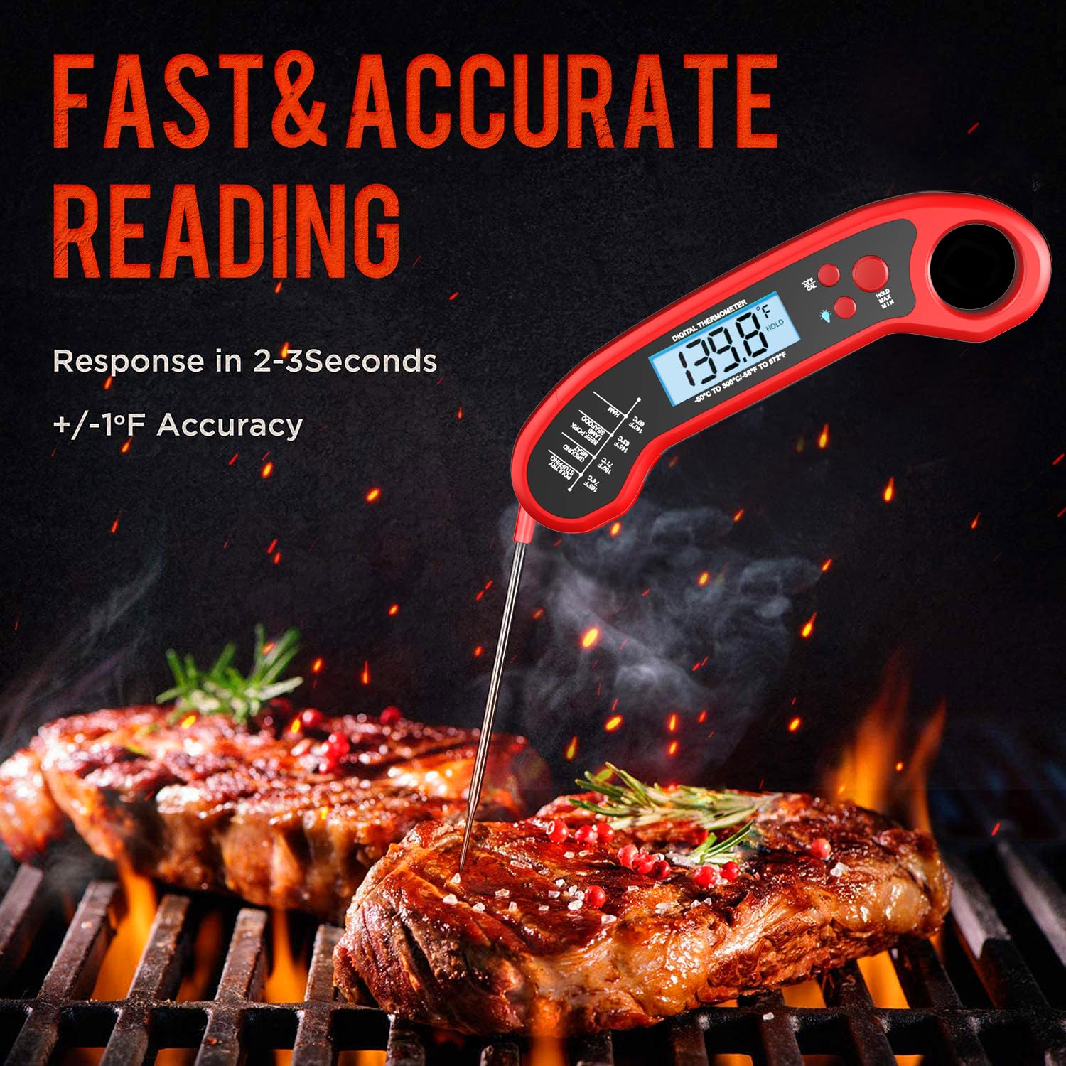 Termómetro digital de carne de lectura instantánea para parrilla y cocinar, termómetro de alimentos impermeable para cocina y exterior, barbacoa, pavo, dulces, líquidos, carne de res