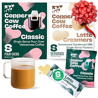 Copper Cow Coffee Pour Over Vietnamese Coffee Pouches + Sweetened Condensed Milk Creamers (8 Coffees & 8 Milk Creamers) | Classic Black Lattes, No Refrigeration Needed, Travel Friendly Ground Coffee