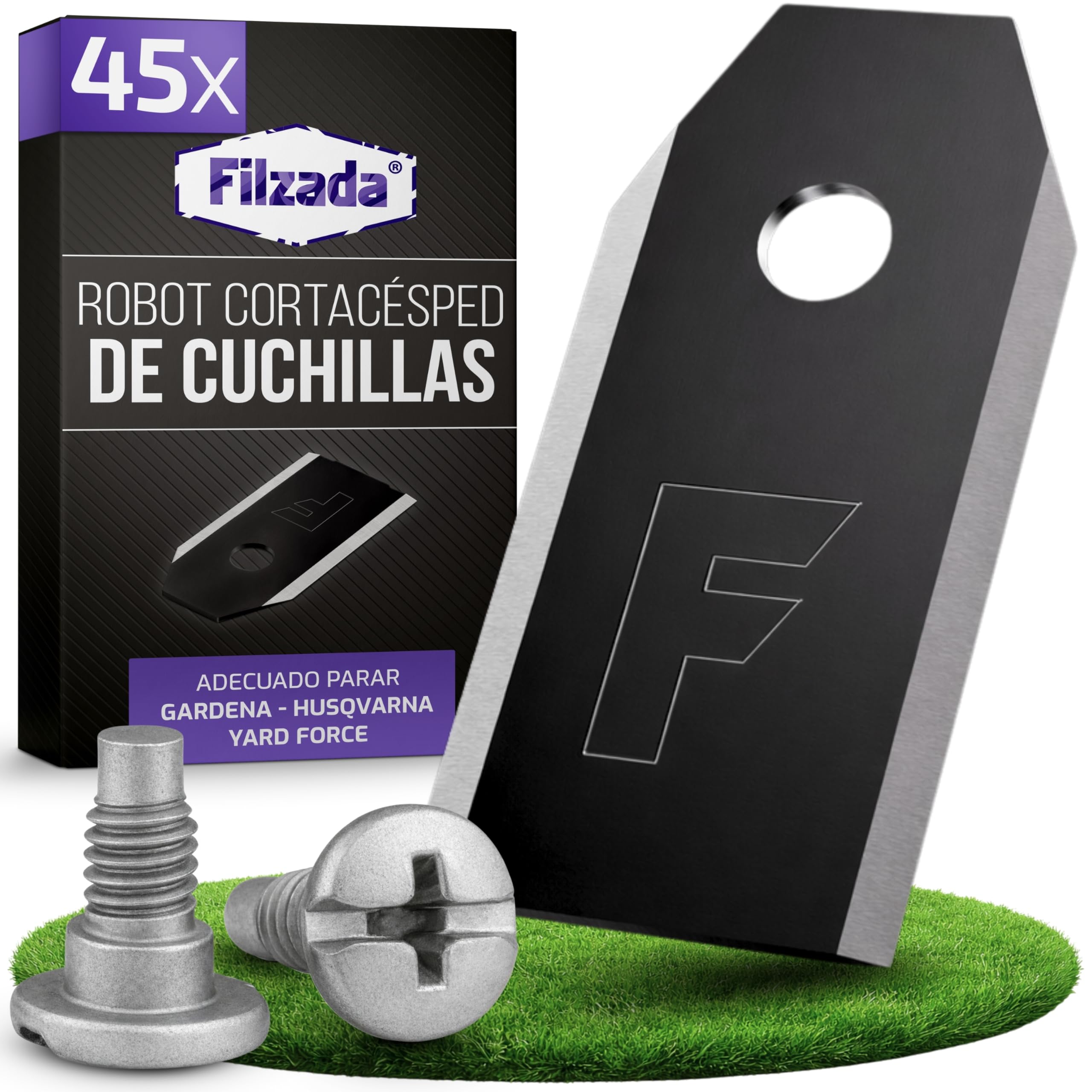 Filzada® 45x Cuchillas de titanio adecuadas para todos los cortacéspedes automáticos de Husqvarna - Cuchillas para cortacéspedes automáticos adecuadas para Husqvarna 305, 308, 310, y muchas más.