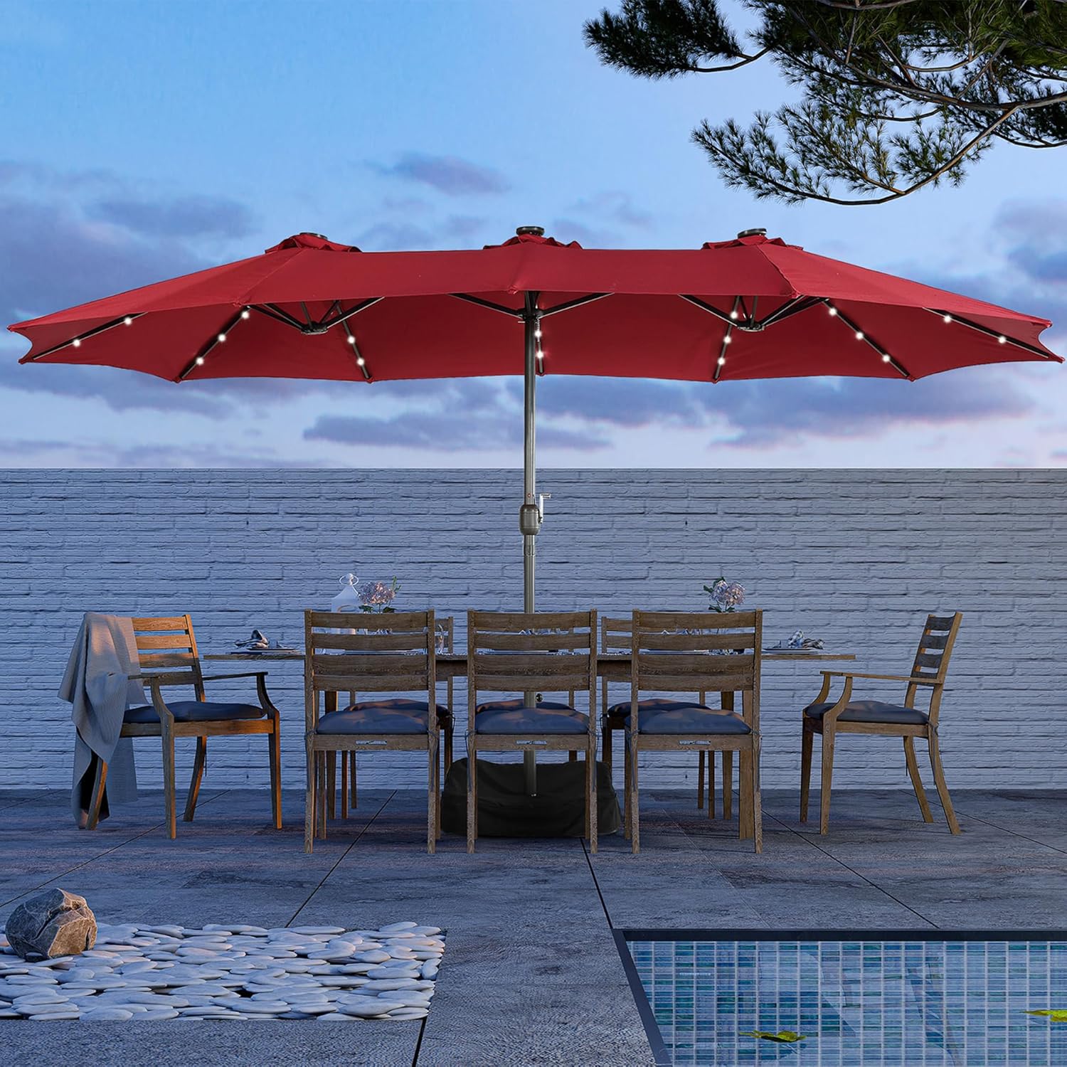 MONDAWE 15ft Patio Umbrella with Solar Lights(Base Included) Large Outdoor Double Sided Umbrella Aluminum Rectangular Market Table Umbrella with Hand Crank, 36 LEDs, 12 Ribs for Backyard Poolside Deck