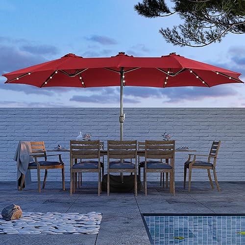 MONDAWE Sombrilla de patio de doble cara de 15 pies con luz solar, sombrilla grande para mesa de mercado al aire libre con base incluida, 36 LED 12