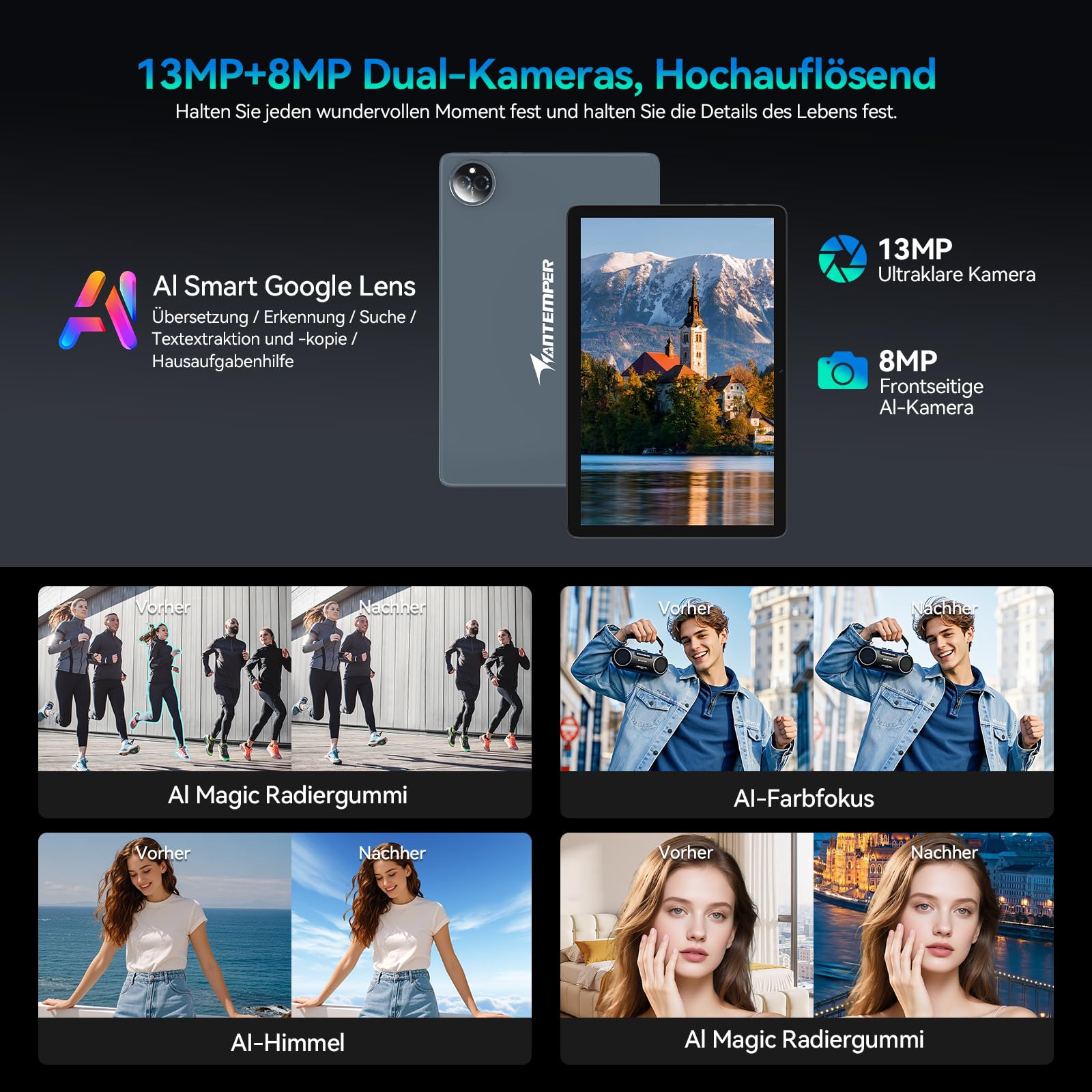 ANTEMPER Tablet, Android 15 Tablet PC mit SIM-Karte Slot 4G LTE Anrufe, 14GB RAM+128GB ROM (1TB TF), Octa-Core, Tablets 10 Zoll Gemini AI, 13MP+8MP, 7000mAh, GPS, Face ID, 2-in-1 Tablet, Grau 2026