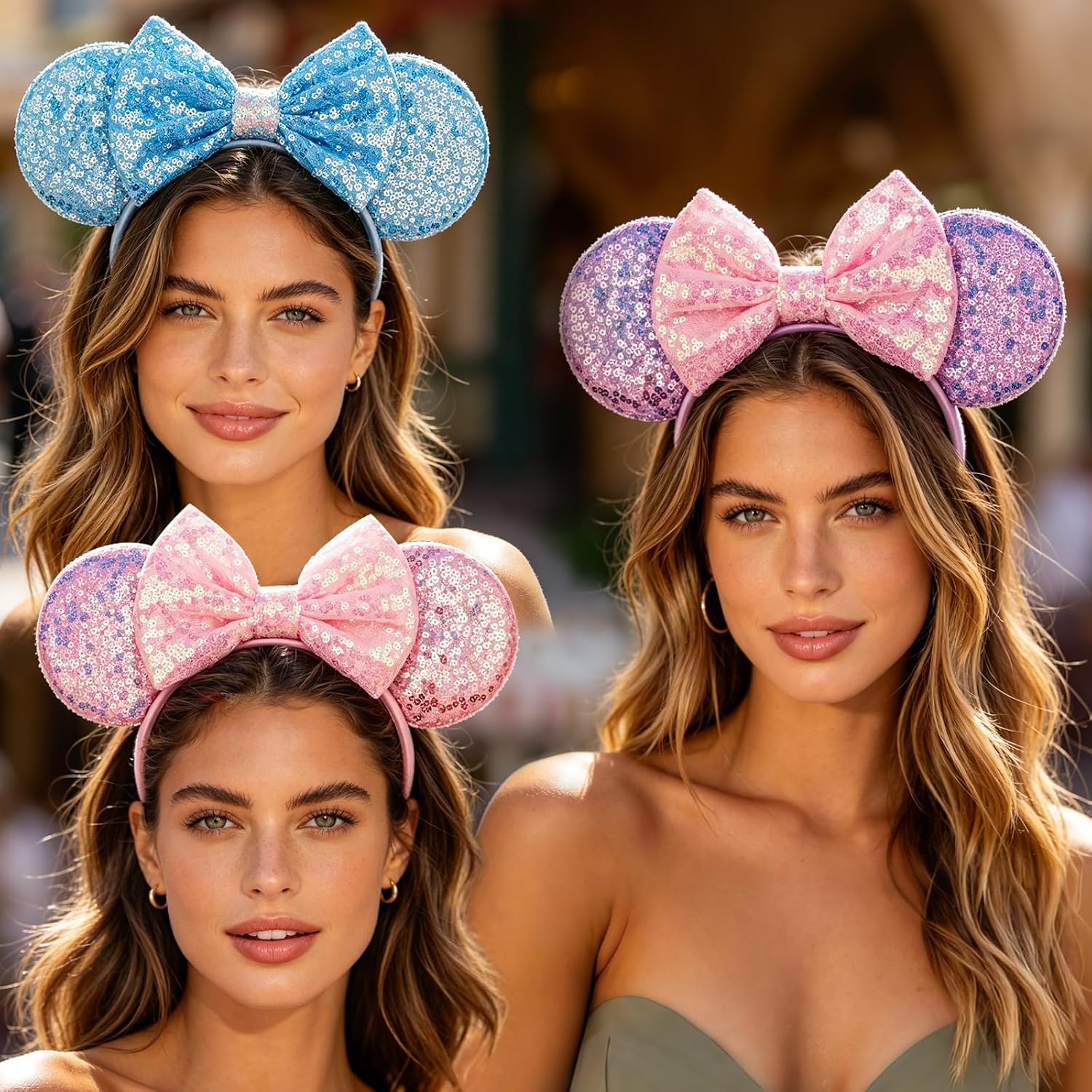 Mouse Ears Headband for Princess, Pink Ears for Women Halloween Costume, Sequin Bows Headwear Hair Accessories - Pink&Blue&Purple