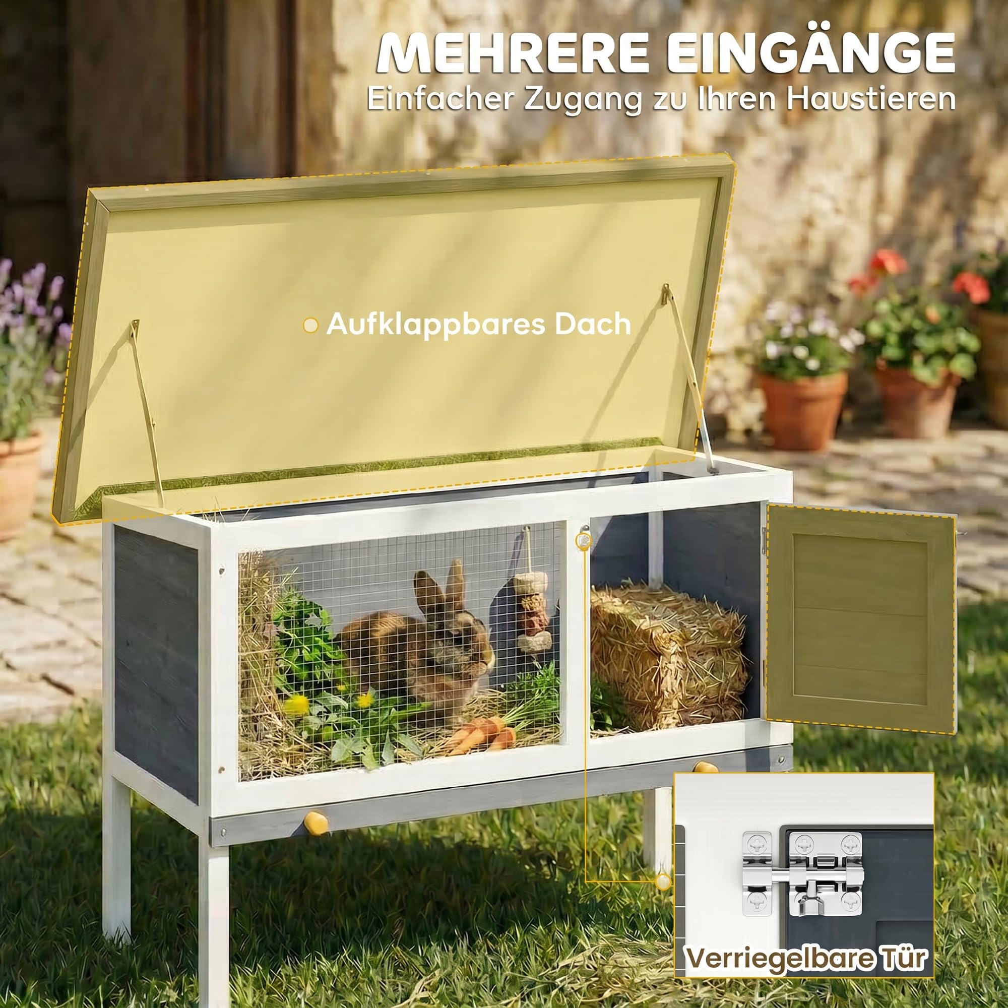 PawHut Hasenstall Kaninchenstall aus Holz 90x45x65 cm erhöhter Kaninchenkäfig mit aufklappbar Bitumendach, herausziehbarer Schublade, Tür, Metallgitter, Hasenkäfig für Kleintiere Outdoor Grau