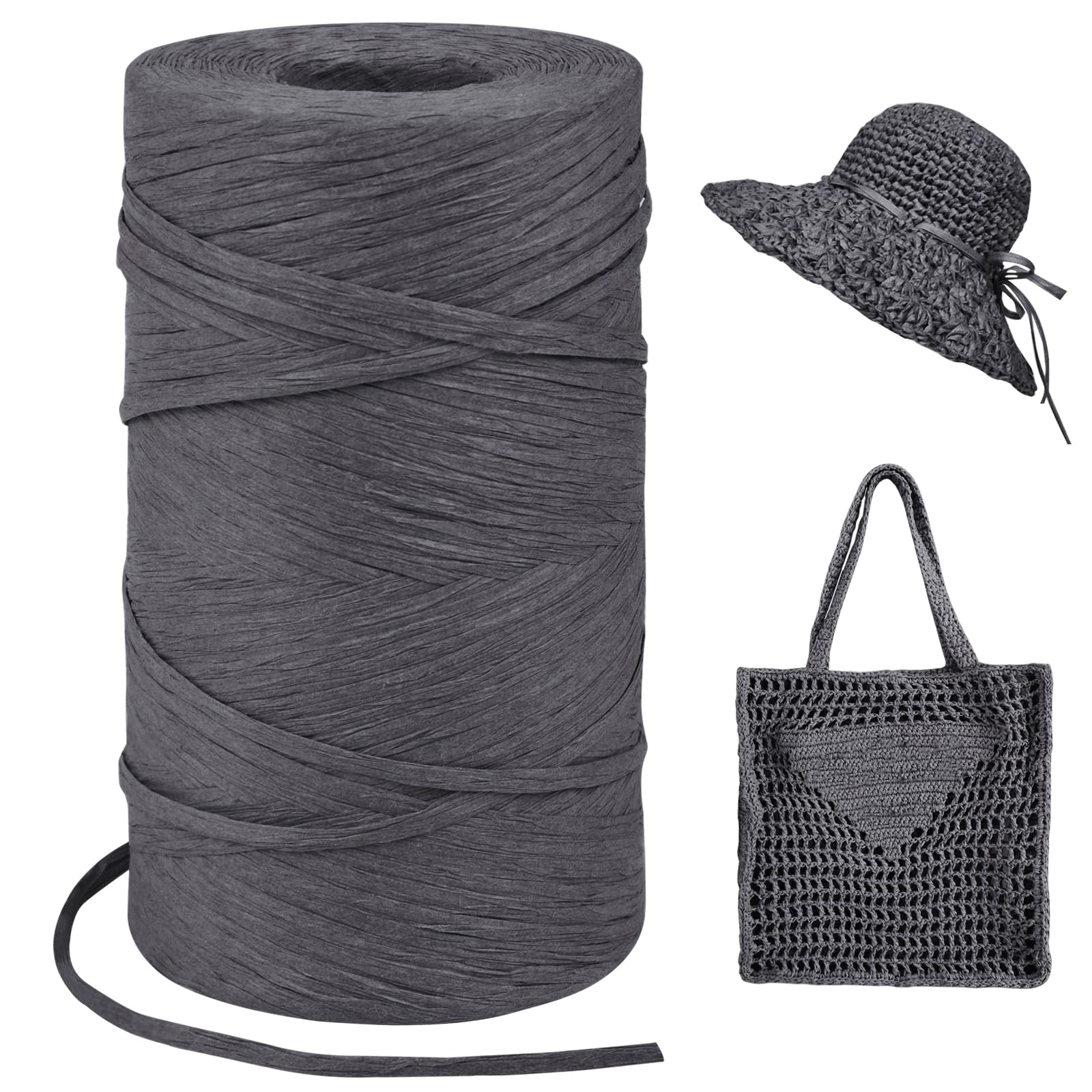 Dark Gray Raffia Yarn for Crochet Bags, 3mm x 328 Yards Flat String Raffia Ribbon for Gift Wrapping, Raffia Paper Ribbon Yarn for Crocheting Sun Hat, Bag, DIY Crafts, Holiday Decoration