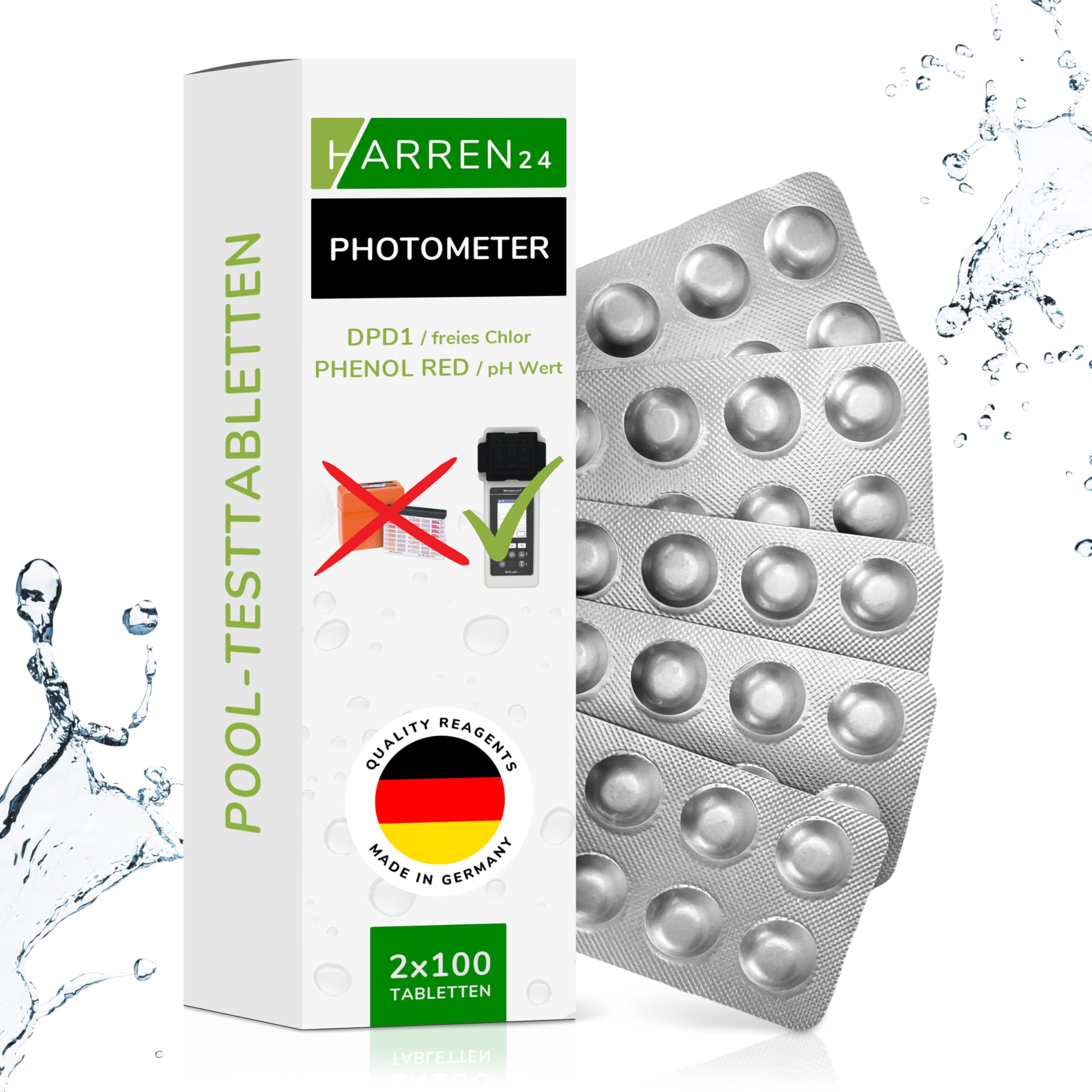 harren24 Photometer Testtabletten für pH-Wert und freies Chlor Phenol Red + DPD1, Pooltabletten für Poollab geeignet, Wassertester, Wasseranalyse (200 Tabletten)
