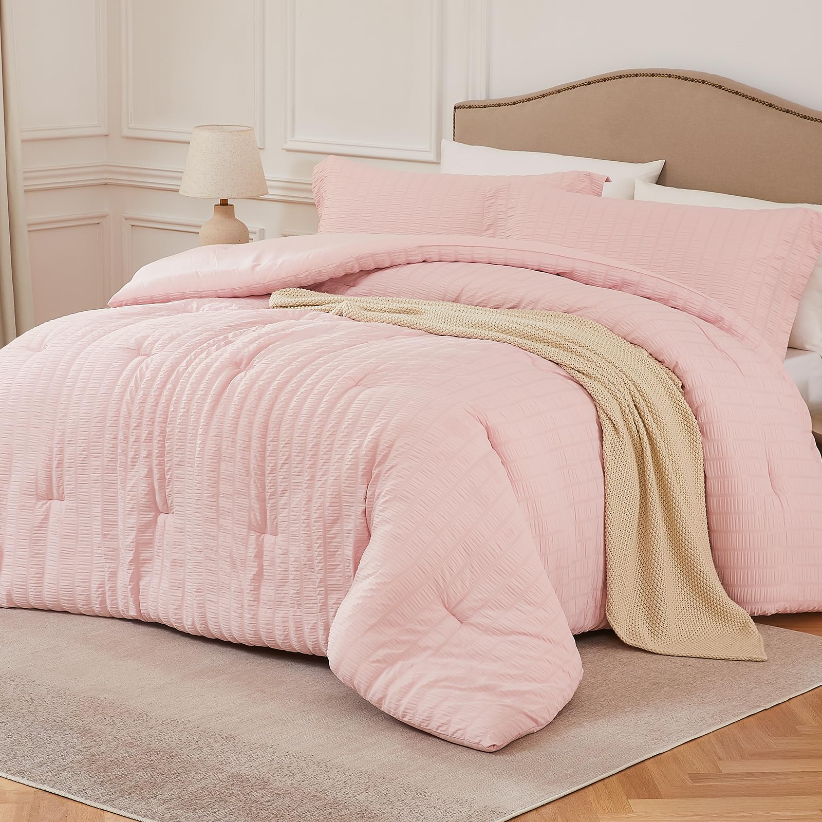 Pink Oversized Queen Comforter Set - 3 Pieces Seersucker Lightweight Bedding Comforter Sets (1 Soft Fluffy Comforter & 2 Pillowcases) - All Seasons Cozy Cute Bed Sets for Women Girls