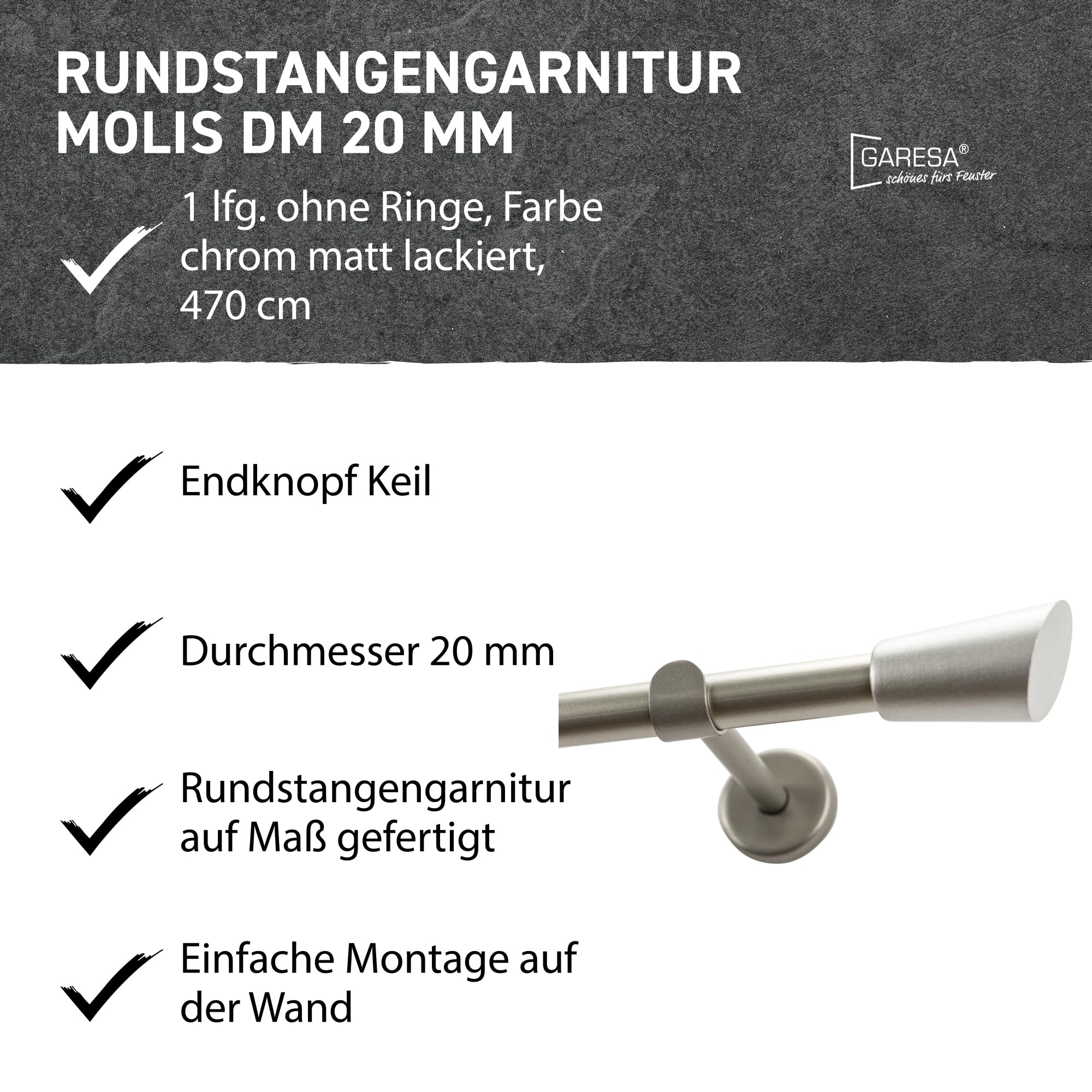 Garesa Gardinenstange Molis Ø 20mm, 1-läufig, Chrom, matt I Stabile Vorhangstange ohne Ringe I Offener Träger mit Endknopf Keil I Auch für mittelschwere Vorhänge I 470cm