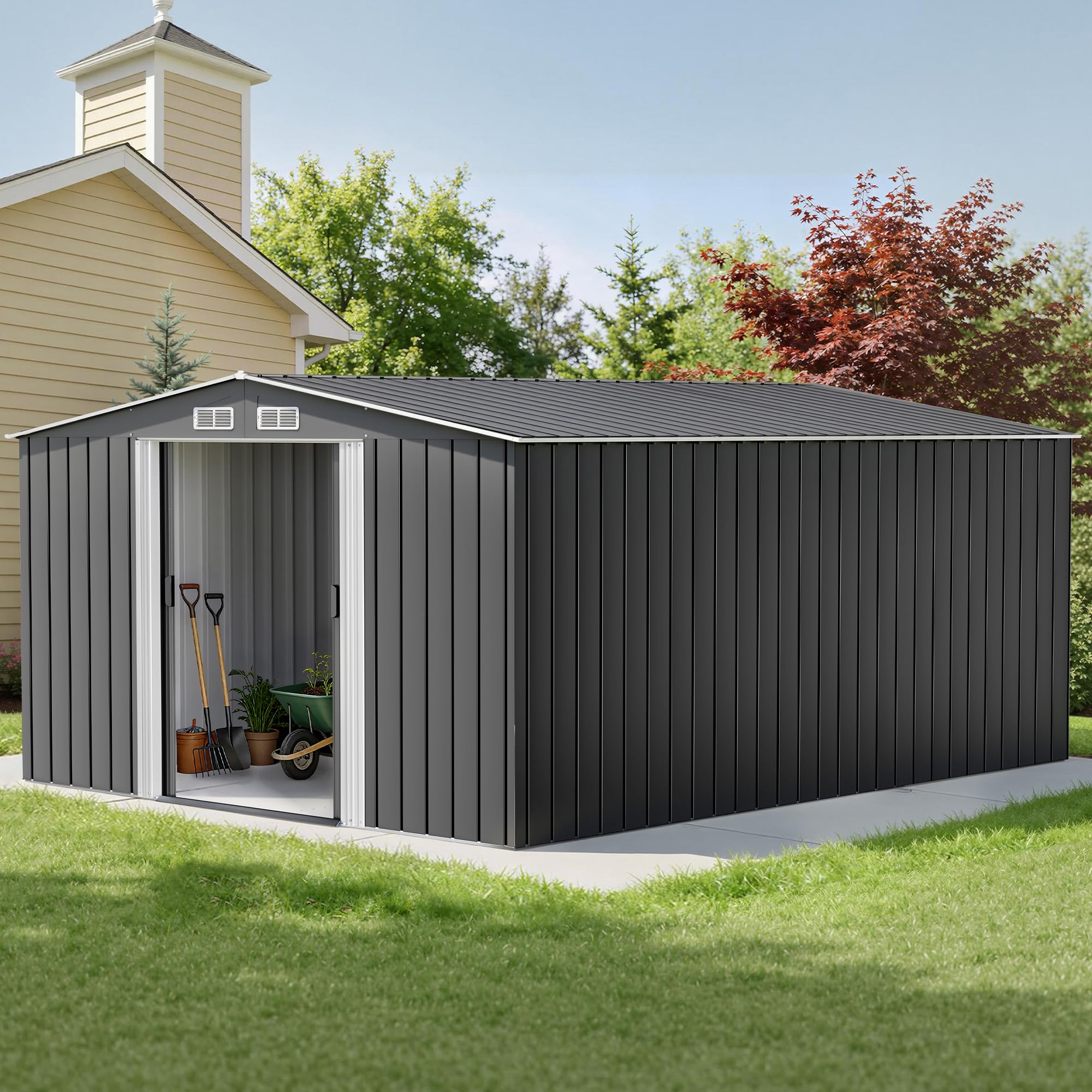LUXOAK Metal Garden Shed 150x75.5x181cm,Waterproof Rustproof Shed with Sliding Door & Sloped Roof, Outdoor Garden Storage Shed for Backyard, Patio, or Garage — view 12