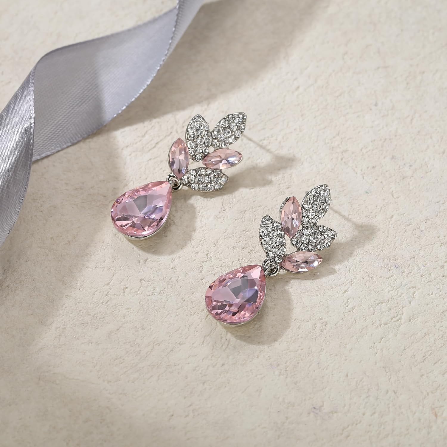 EVER FAITH Rhinestone Crystal Wedding Leaf Teardrop Pierced Dangle Earrings Silver-Tone - Image 4