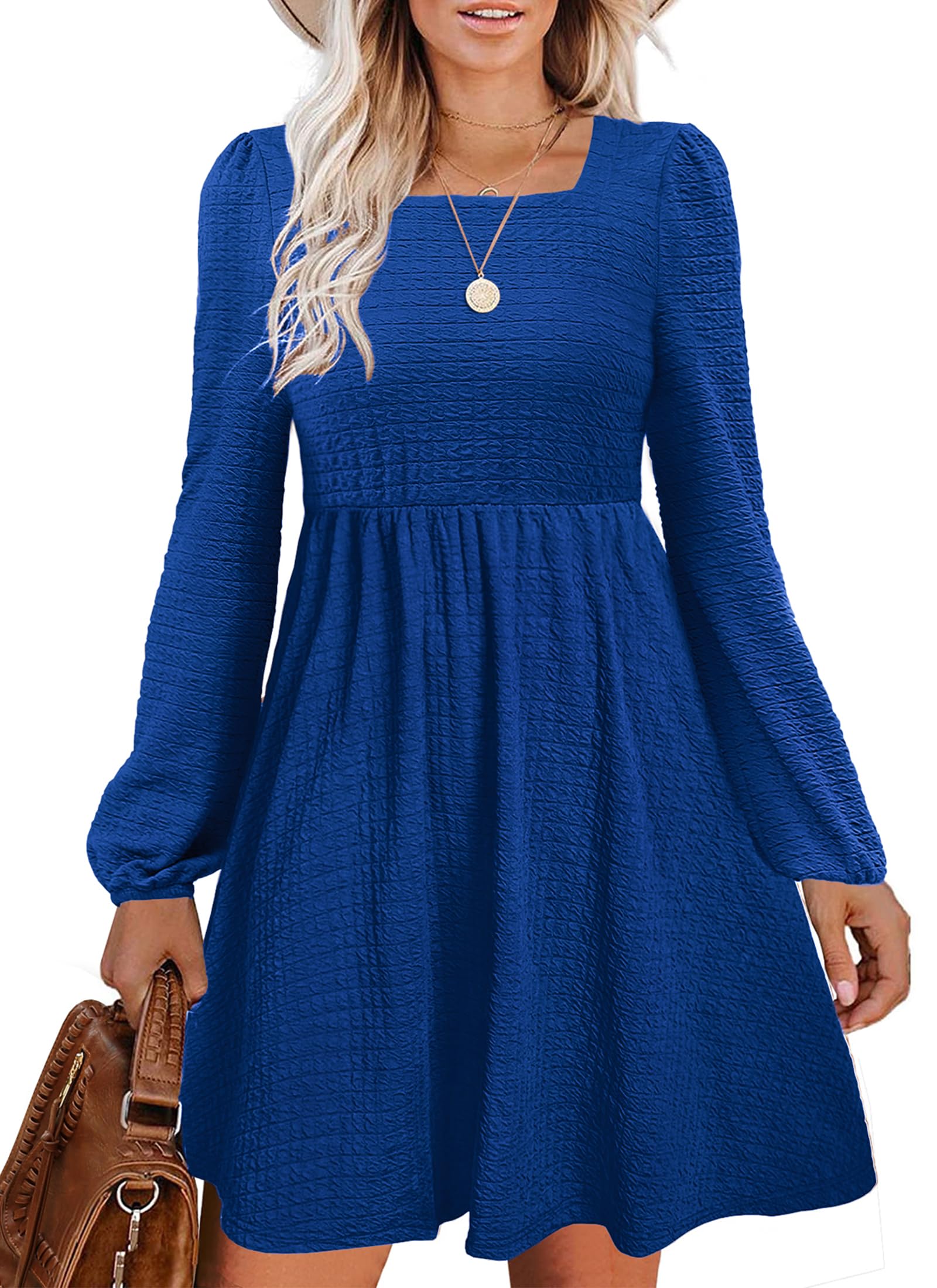 Womens Babydoll Dresses Square Neck Long Sleeve Knee Length Flowy Swing Shirring Mini Dresses Fall Dress