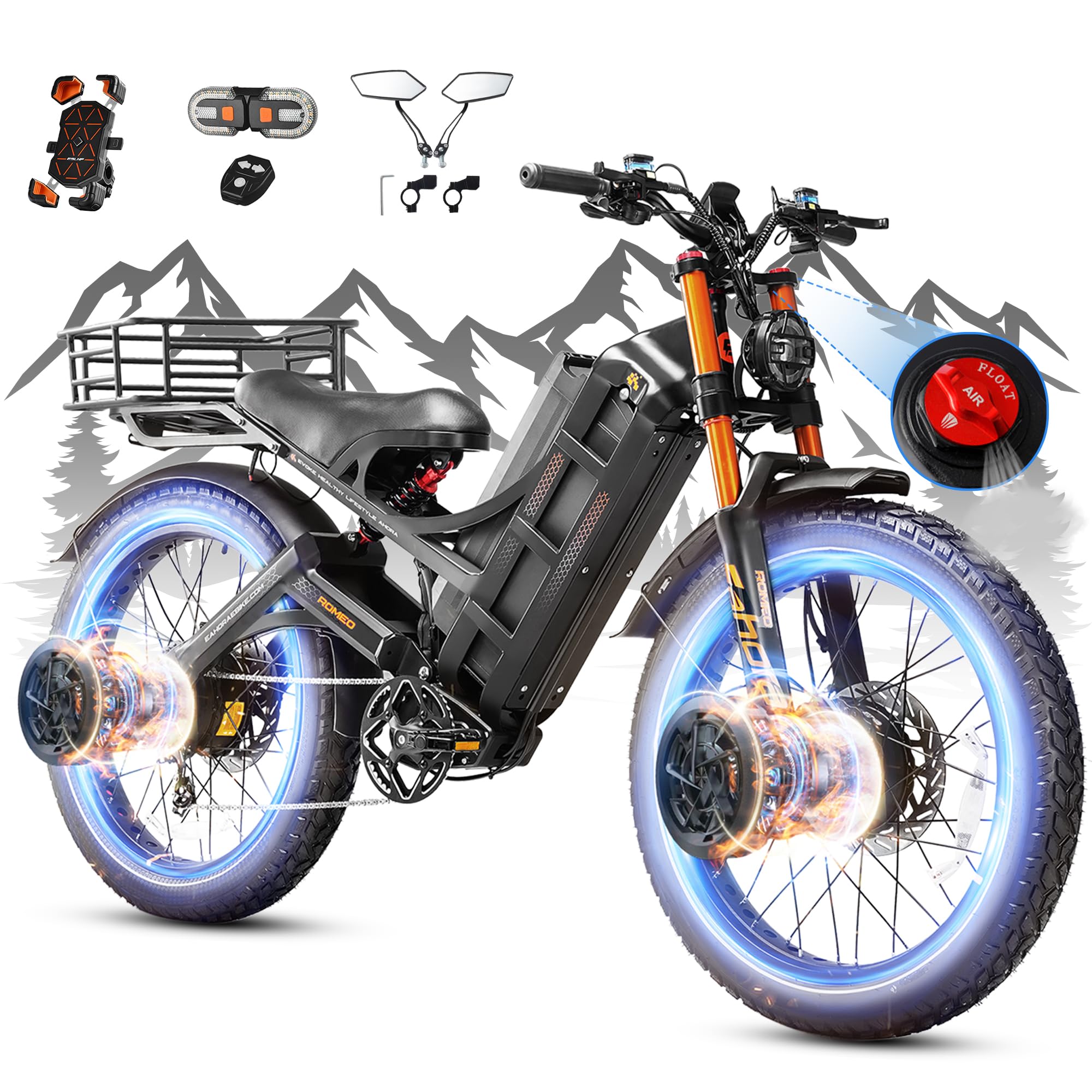 2026 eAhora Romeo Pro 3/2 52-46 Mph Electric Bike for Adults, 6000W/4000W/2500W Dual Motor Ebike 60V 80Ah/52V 70Ah Battery 235+Miles Long Range, 26*4.0"/20*4.5" Fat Tire, Full Suspension, All Terrain