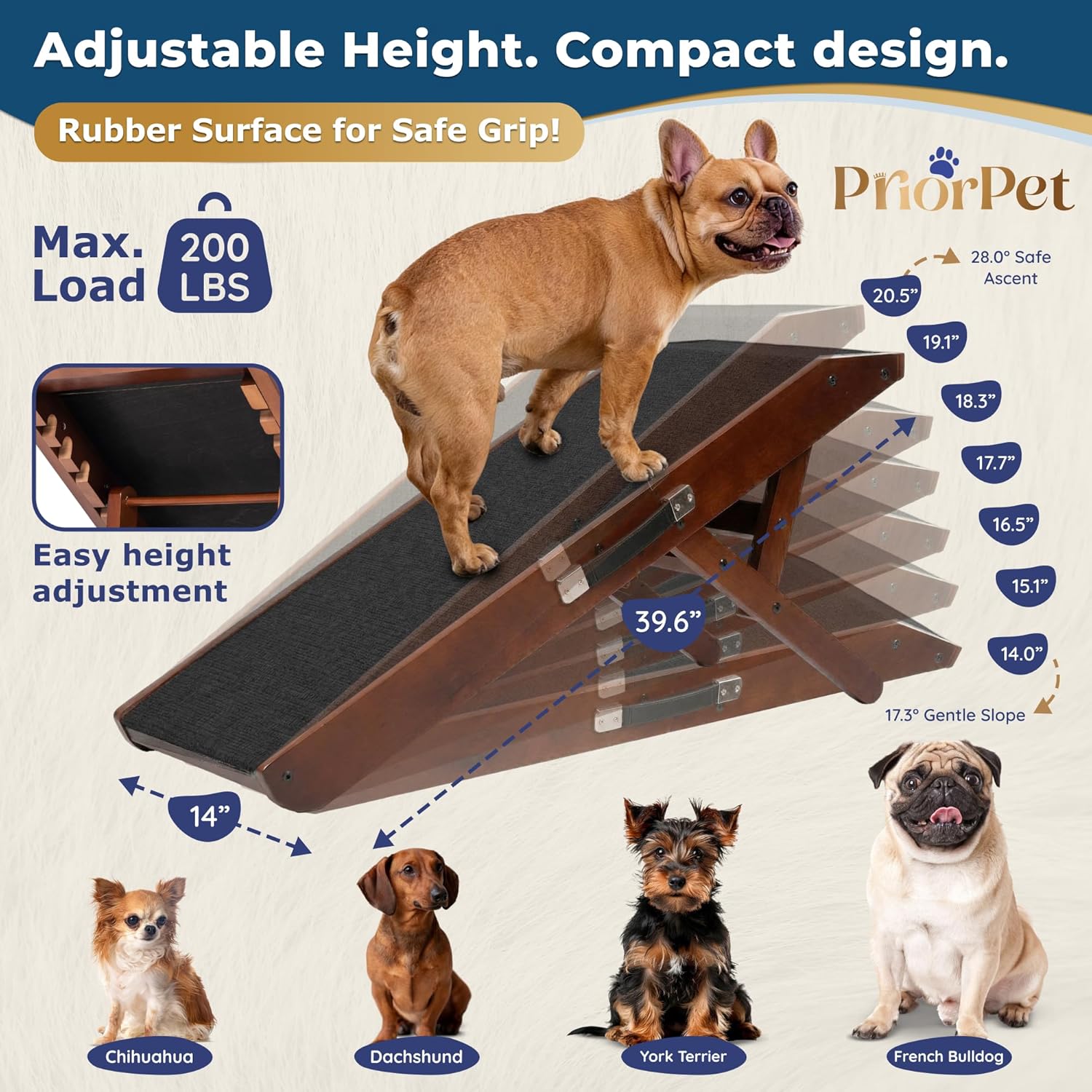 Dog Ramp for Couch – Non-Slip, Sturdy Build Foldable Wooden Dog Ramp – Supports up to 200 lbs – 7 Adjustable Heights (14"–20.5") – Enhanced Stability – Birchwood Pet Ramp for Small Dogs – Walnut