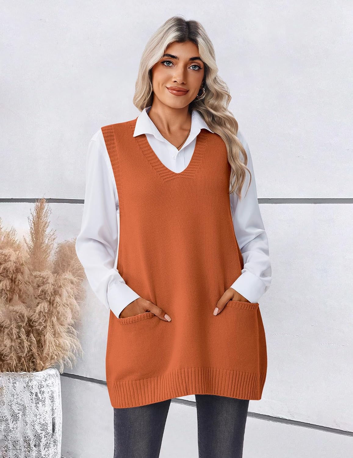 Zeagoo Women's Sweater Vest 2026 Oversized Sleeveless V Neck Pullovers with Pocket Knitted Fall Outfits - Image 2