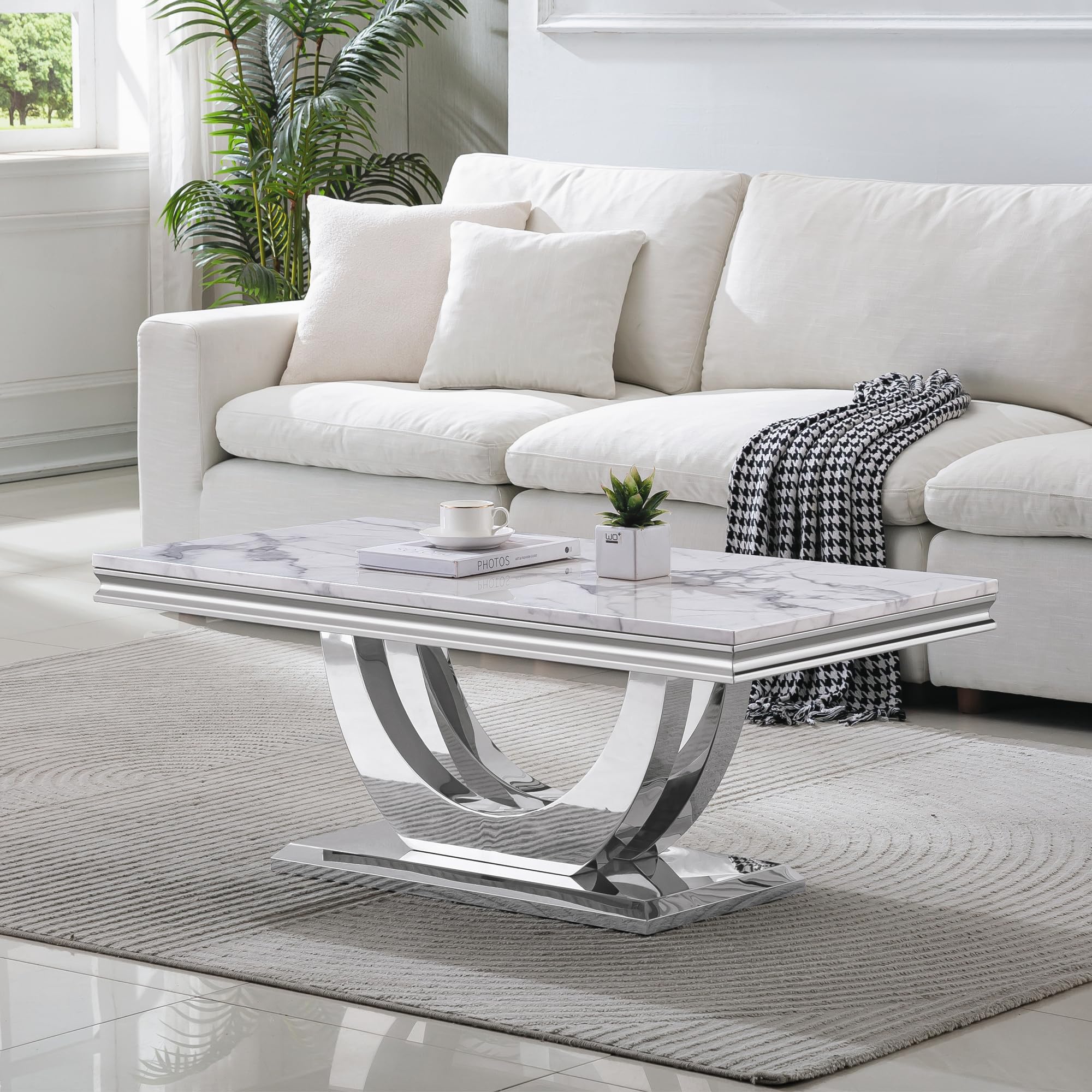 Henf 47'' Faux Marble Coffee Table with U Shape Base,Rectangle Imitation Marble Top Coffee Table Elegant Centre Table Cocktail Table for Living Room,