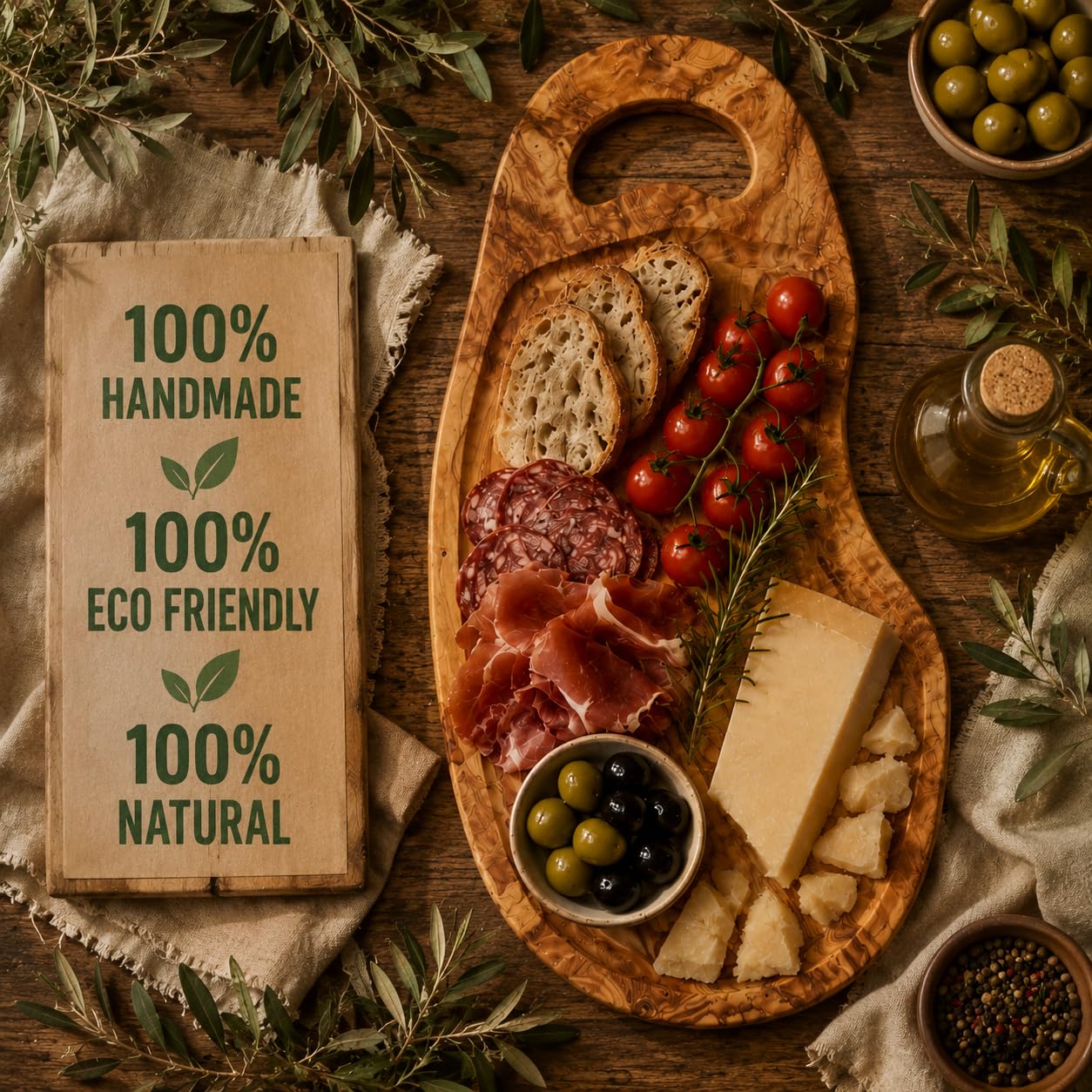 Tabla de cortar artesanal con rigole y mango de madera de olivo natural para cocina profesional, hecha a mano, 40 cm