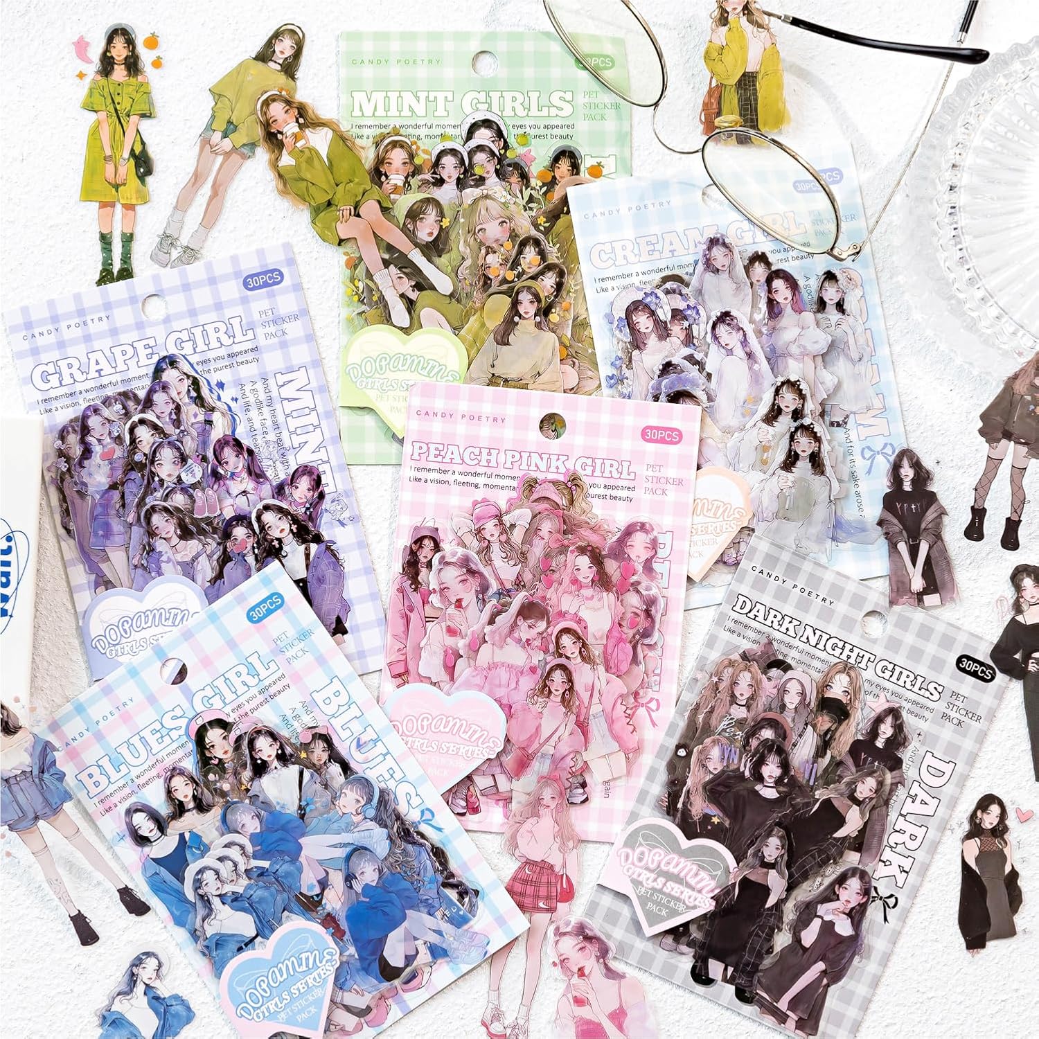 Alideco 180pcs Scrapbook Stickers Korean sweet cool girl Scrapbooking Junk Journal Crafts Embelishment Decoration Diary Stickers(shaonv）