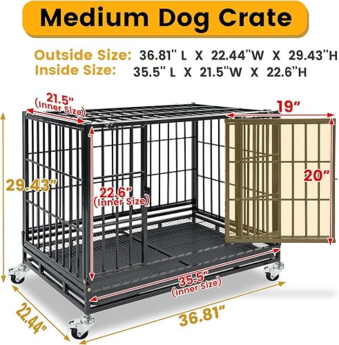 Miniatura 3 de Jaula apilable de 36 pulgadas para perros medianos y pequeños, jaula de perro indestructible resistente con acceso superior y ruedas bloqueables,