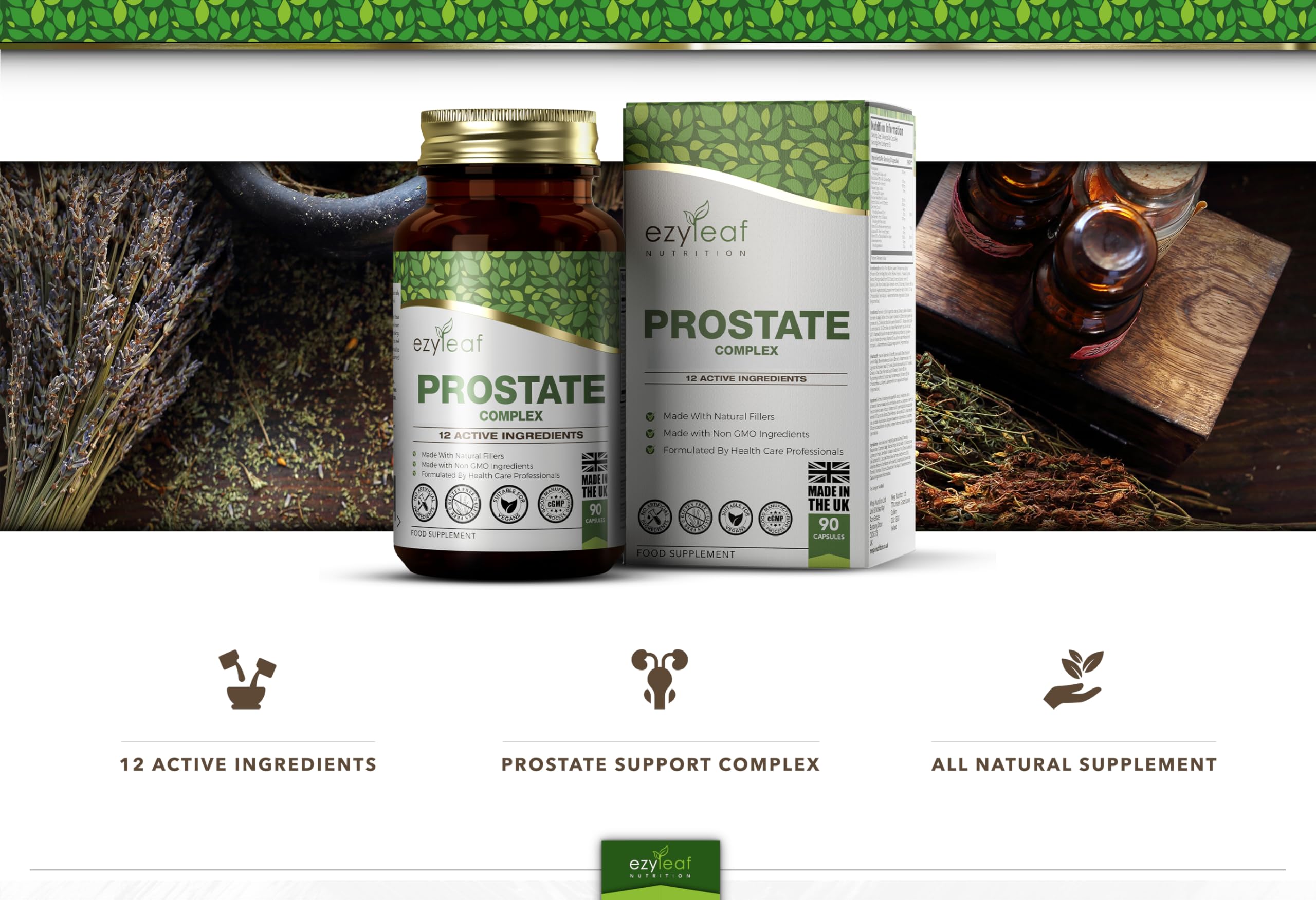 Ezyleaf Prostata Formula | Integratori Prostata Alta Potenza per Uomini | 90 Capsule di Ortica con Beta Sitosterolo, Zinco, Semi di Zucca, Boswellia Serrata e Altro | Prodotto nel Regno Unito