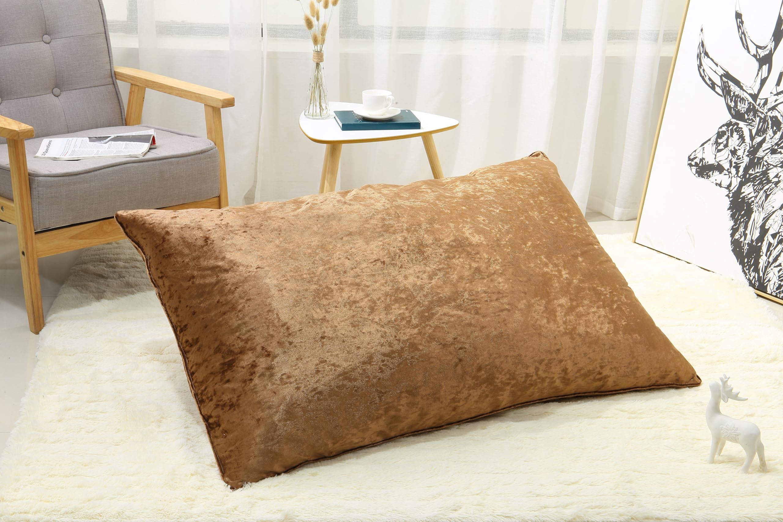 Plain Super Soft Crushed Velvet Filled Cushions for Sofa Bed Living Room Bedroom Home Couch Decorative Cushions Pillows Invisible Zipper with Removable Inner Pad (Brown, 80x120cm)