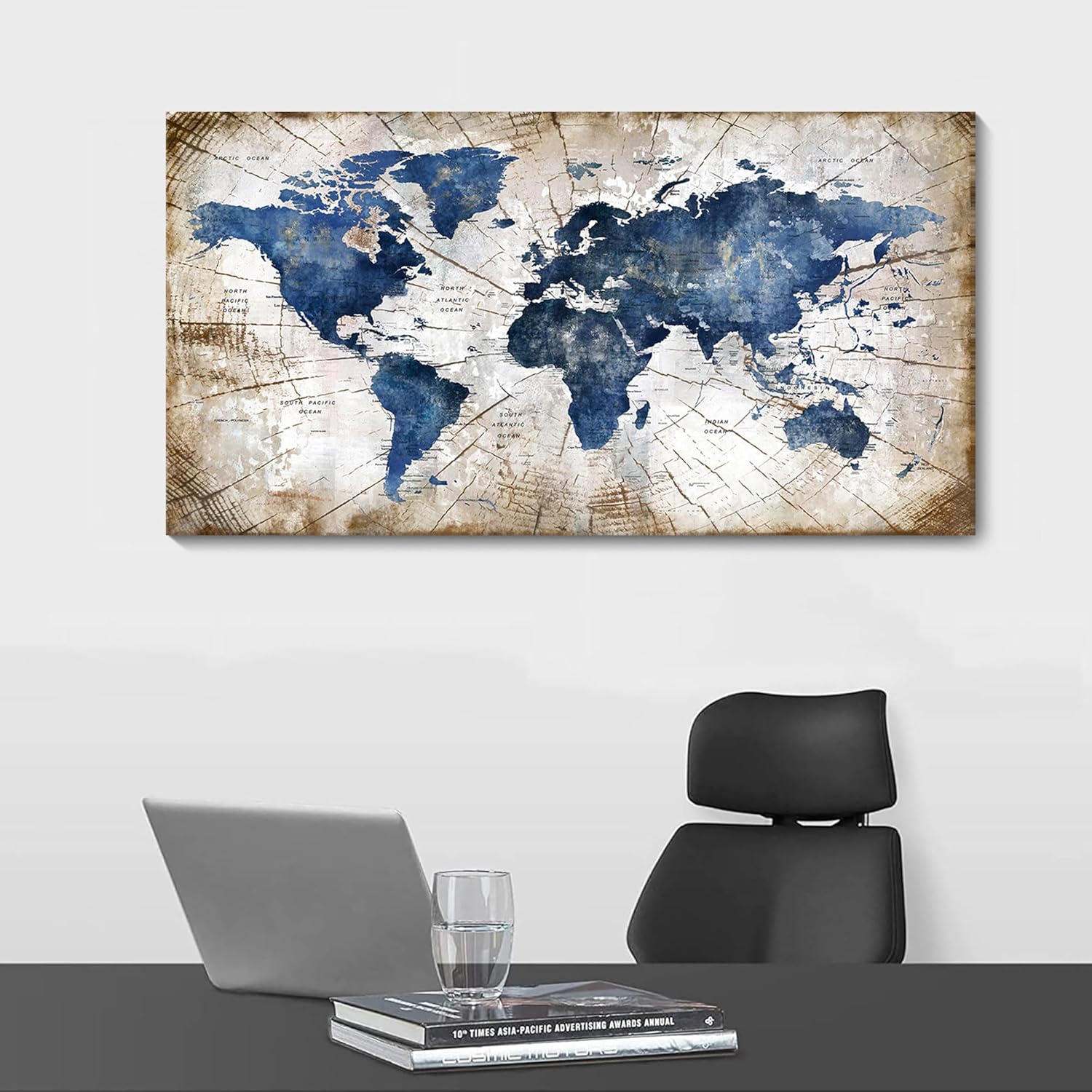 World Map Canvas Wall Art Abstract Navy World Maps for Wall Vintage Modern Wall Art for Office Framed Pictures for Living Room Bedroom Wall Decoration for Home Office Decor Artwork for Walls 20x40IN