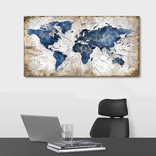 Miniatura 5 de Lienzo de mapa del mundo para pared, arte abstracto de mapas del mundo azul marino para pared, arte de pared moderno vintage para oficina, cuadros