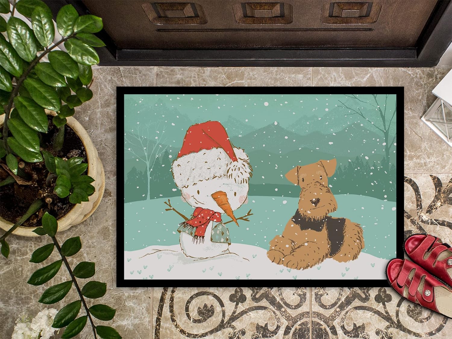 Caroline's Treasures CK2078MAT Airedale Terrier Snowman Christmas Doormat 18x27 Front Door Mat Indoor Outdoor Rugs for Entryway, Non Slip Washable Low Pile, 18H X 27W