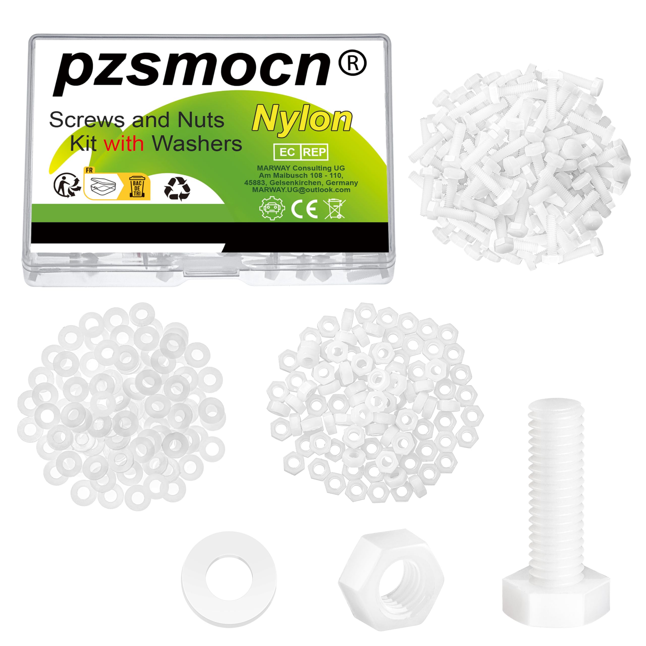Pzsmocn 300 Pieces/100 Sets M3*10 mm Plastic White Nylon Outer Hexagon Screw Nut Combination Kit, with Insulating Washers, Standard Size, For DIY and Electronic Assembly.