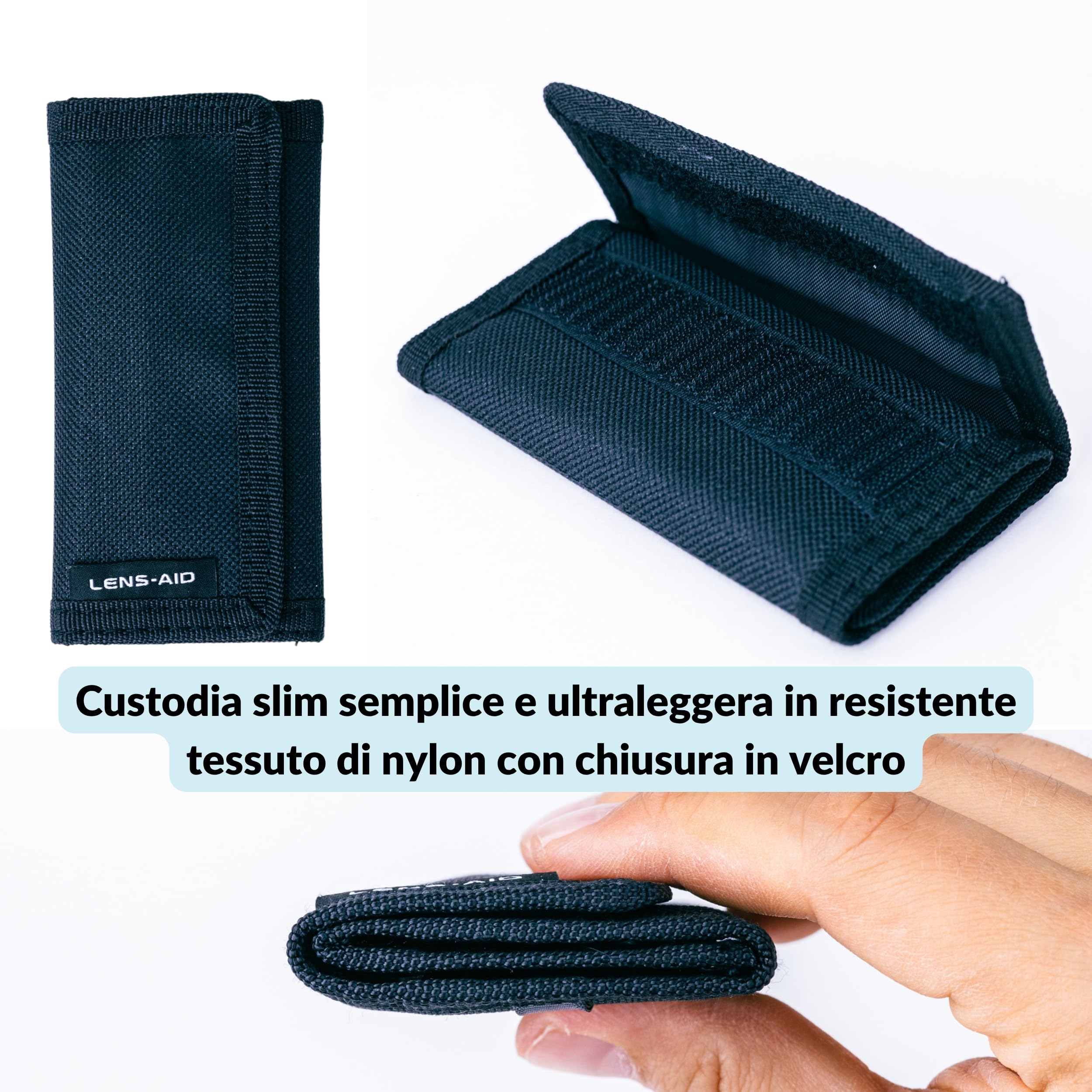 LENS-AID Custodia per schede di memoria SD: custodia compatta per un massimo di 9 schede SD, CFexpress, XQD, Switch Games. Custodia in robusto tessuto di nylon con chiusura in e passante