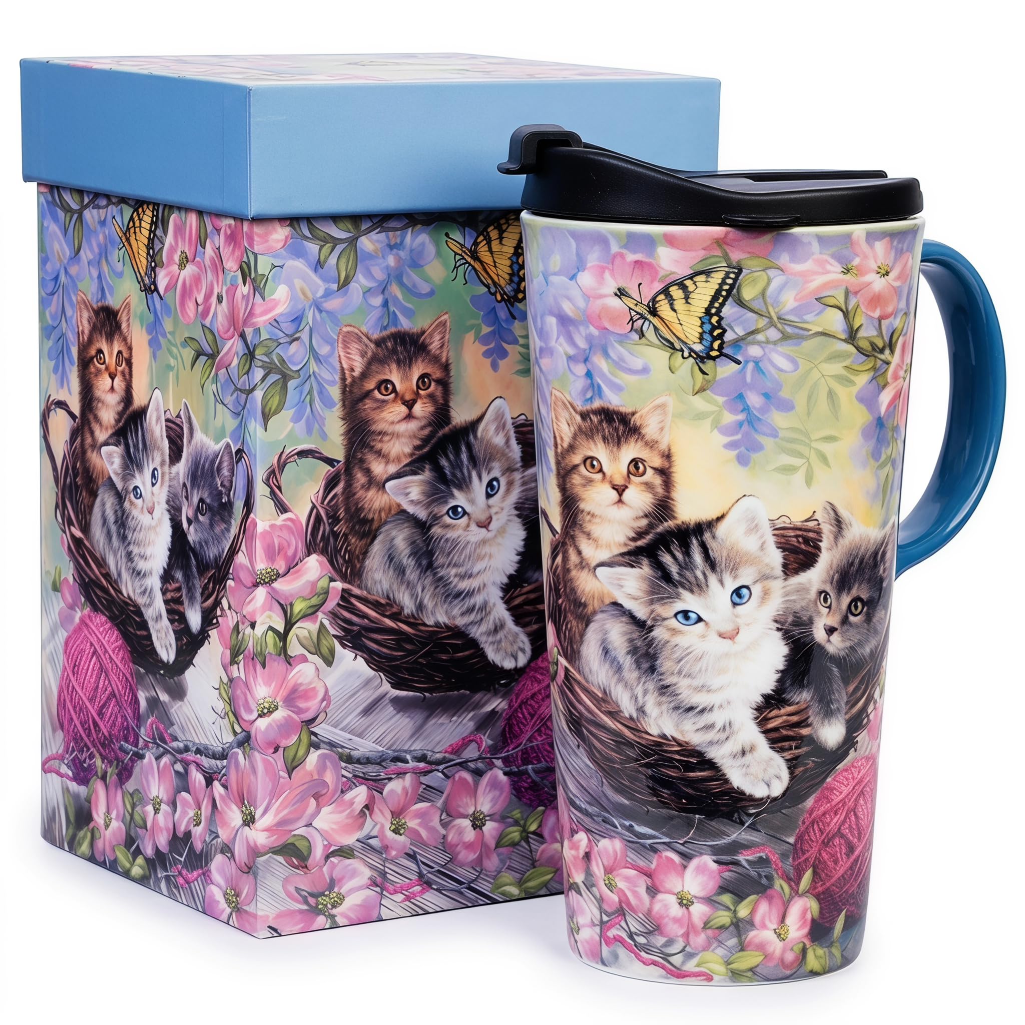 Taza de viaje de café con asa y tapa antiderrames hecha de porcelana alta