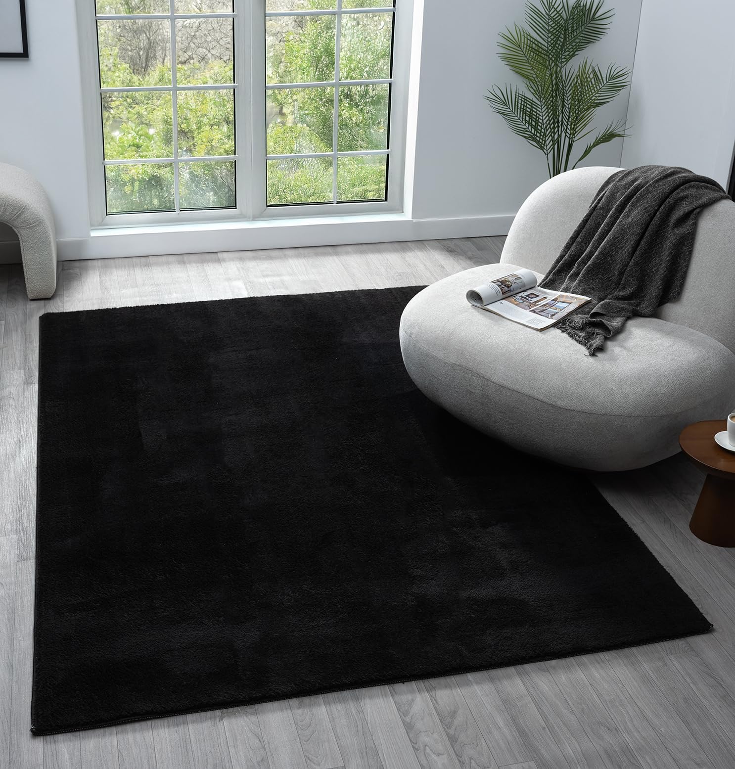Comfy Washable Modern Living Room Rug Polyester Plain Indoor Area Rug with Low Pile - Anti-Slip Felt Backing SuperSoft Carpet Bedroom-Hallway, Black, 80x120 cm