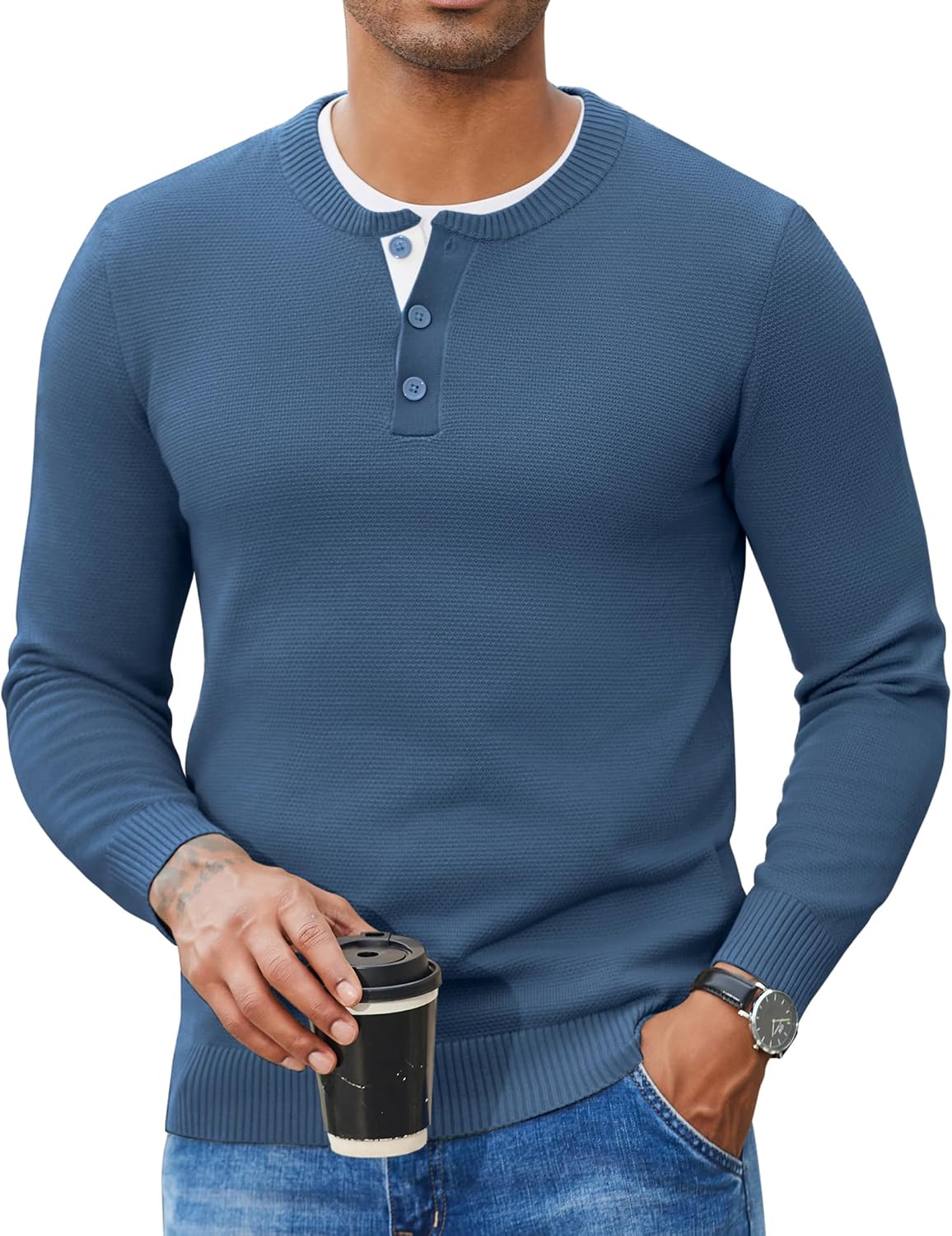 COOFANDY Men's Henley Sweater Long Sleeve Textured Pullover Sweaters Casual Button Crewneck Knit Sweater