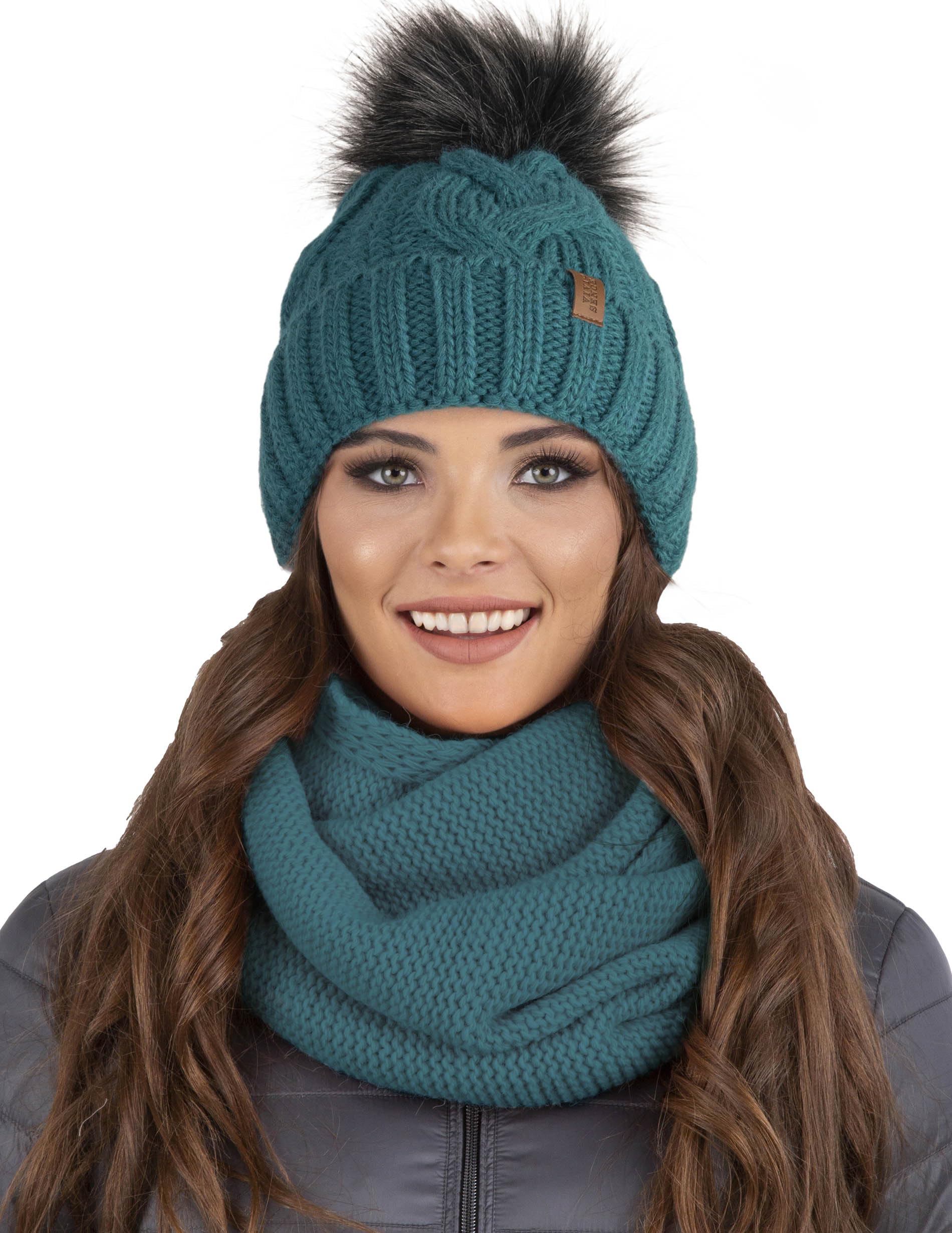 Vivisence Stylish Women's Winter Set Including Pompom Hat and Cozy Snood Scarf Made from Soft and Warm Fabric Smooth Fleece Lining Ideal for Cold Days, Dark Turquoise,UNI