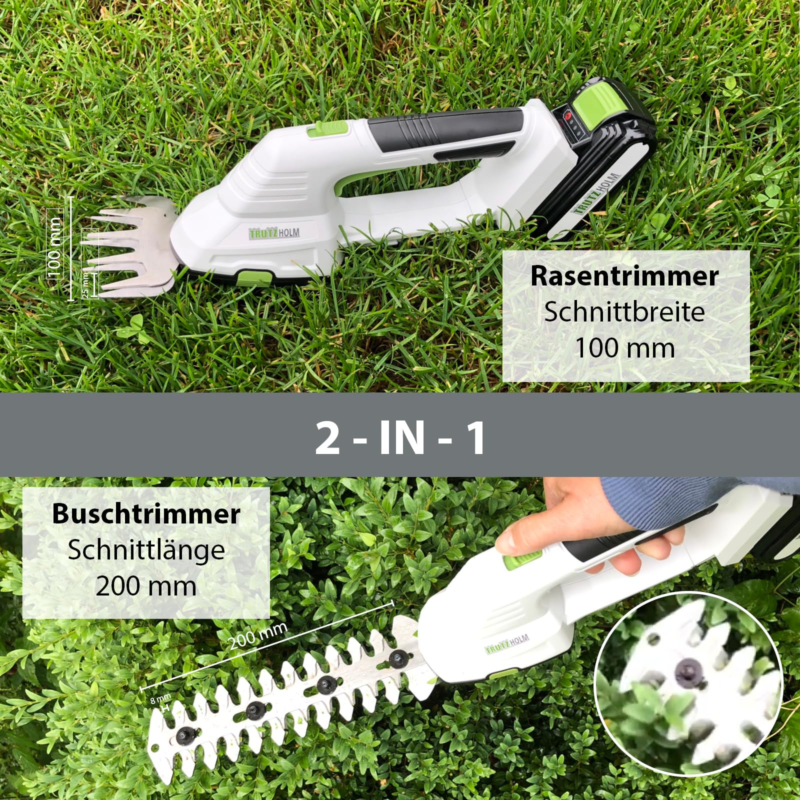 TRUTZHOLM 2-in-1 Akku Rasentrimmer mit 20V 2.0Ah L-Ionen, 10 cm Gras- und 20 cm Strauchklinge, Grasschere, Rasenkantentrimmer, Rasenschere, Strauchschere, Heckenschere und Ladegerät