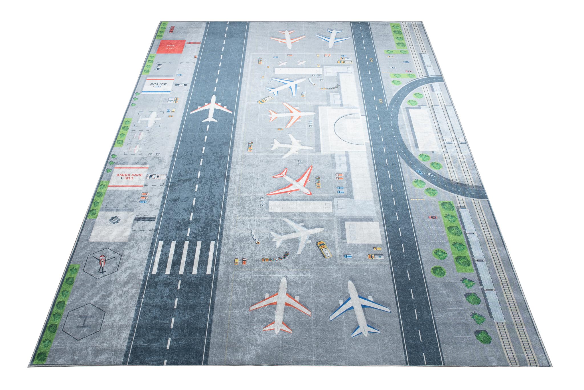 TAPISO Emma Tapis Antidérapant Chambre Enfant 160 x 230 cm Gris Vert Blanc Motif Avions