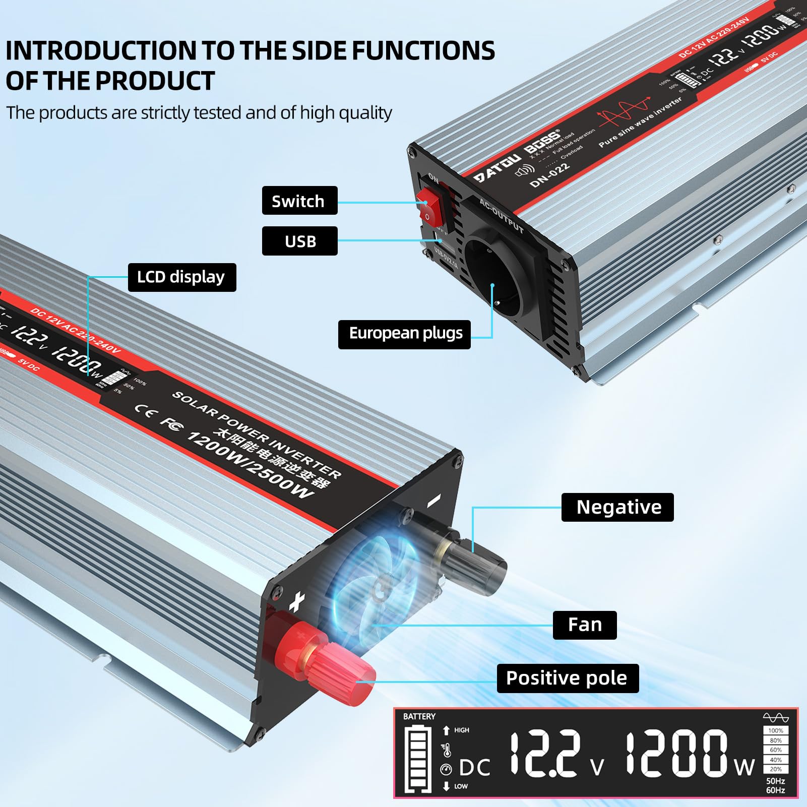 DATOUBOSS Inverter 12V 220V/230V Onda Sinusoidale Pura 1200W/2500W Convertitore di Tensione con Prese EU, Porte USB e Display LED per Auto, Camion, Roulotte, Elettrodomestici, Grigio