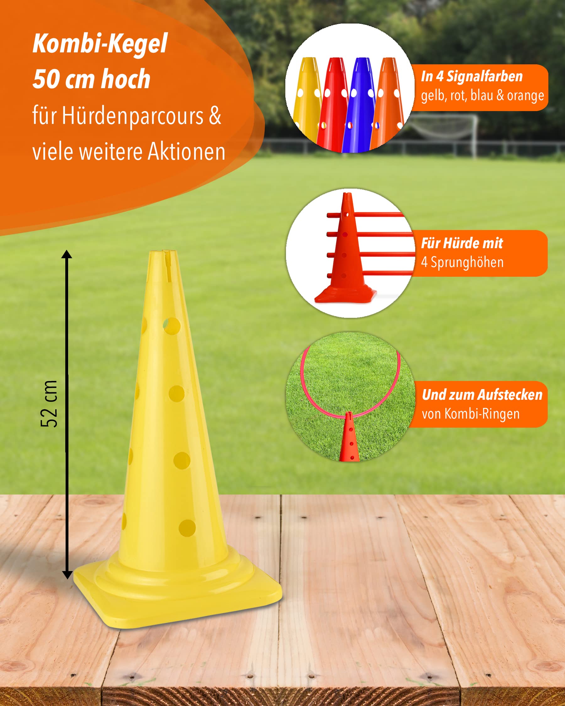 Kombi Kegel 50 cm – 4 im Set – Parcours-Hindernis für Agility-Training – Sprung- & Slalom-Hütchen für Hund, Sport, Pferd & Kind – 50 cm