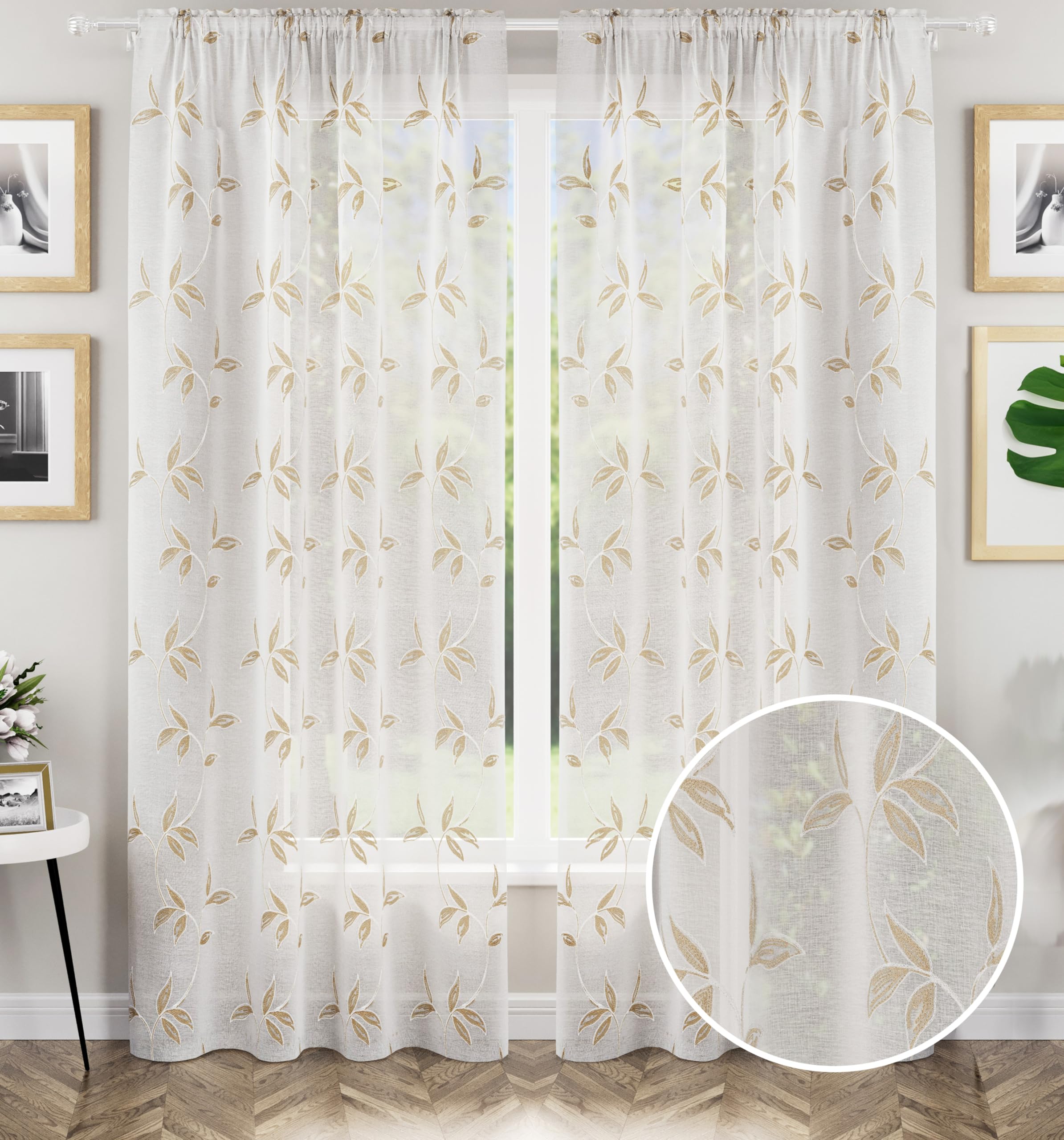 Oasis Embroidered Leaf Voile Panel Pair - Natural - 140cm x 183cm