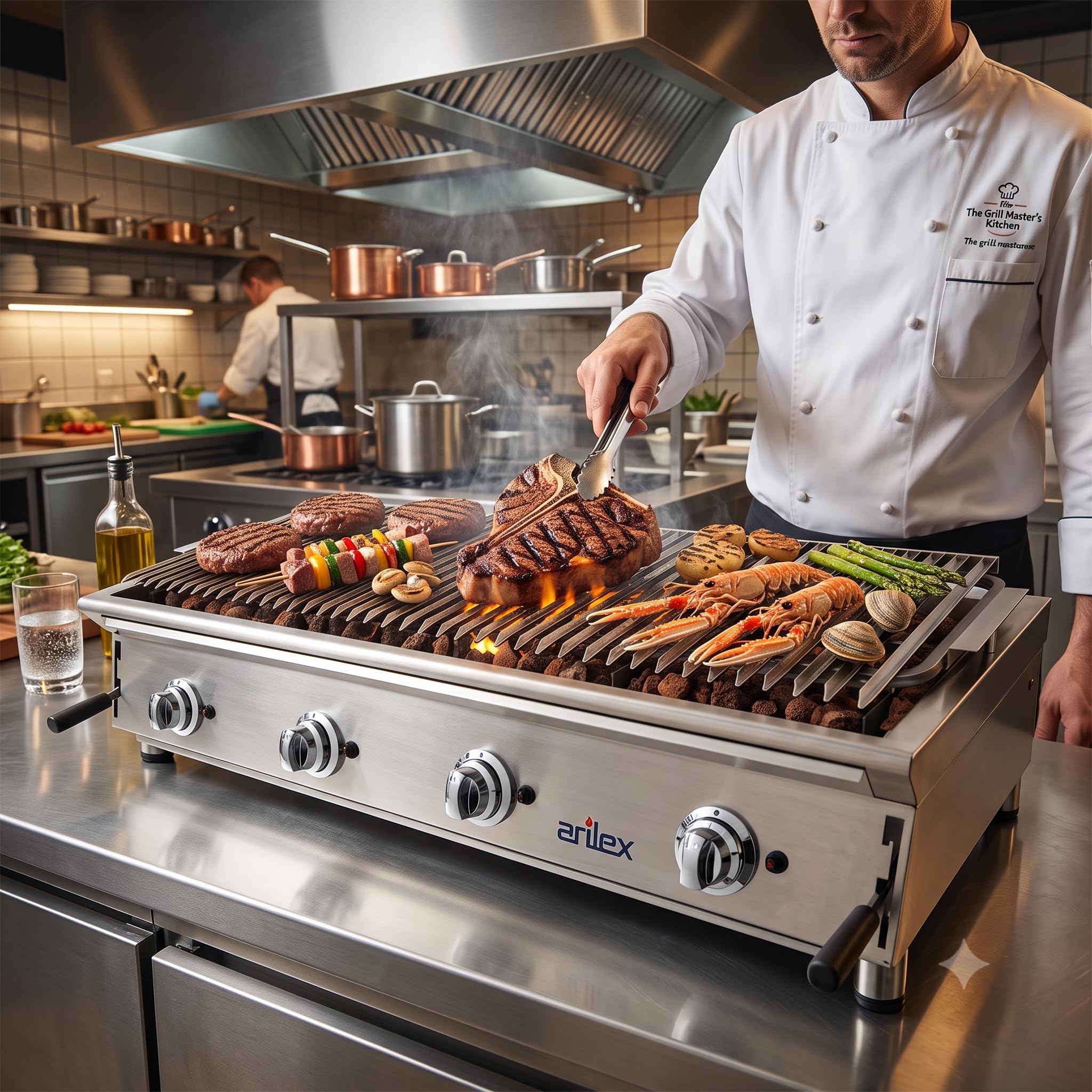 Barbacoa de Gas Profesional 130 cm con Piedra Volcánica | Parrilla de Acero Inoxidable Regulable en 3 Alturas | 8 Quemadores | BBQ Gas de Sobremesa para Hostelería, Hoteles y Catering | 130BAR