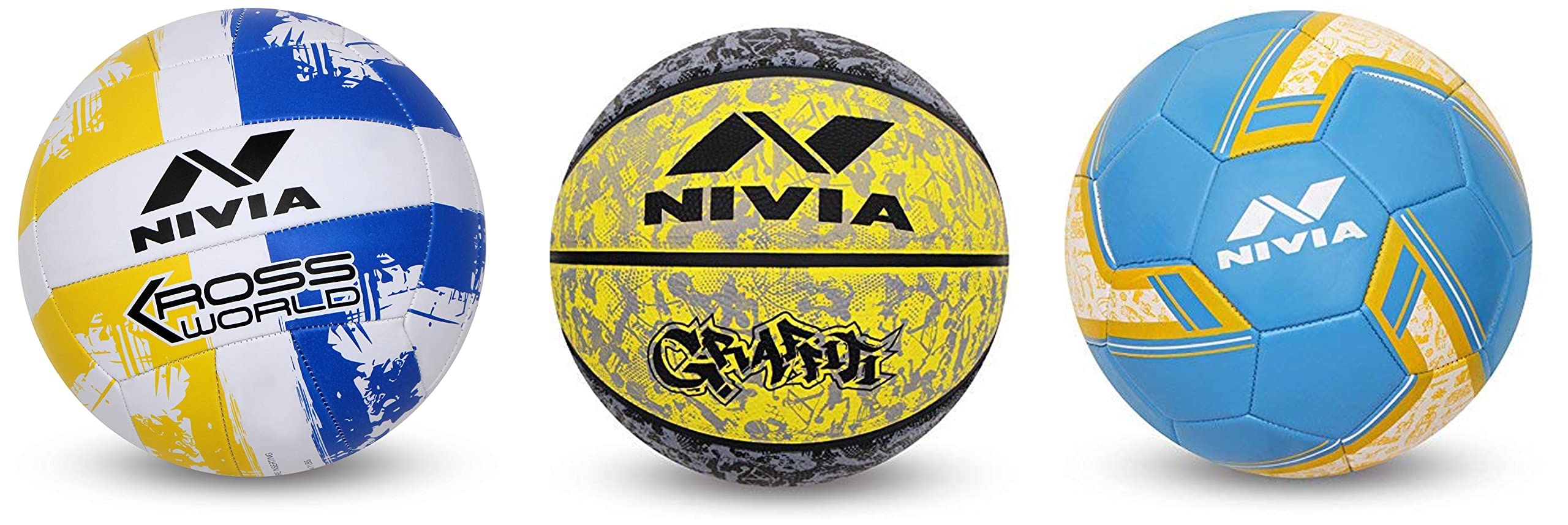 Nivia Kross Rubber Hand Stitched Volleyball, Size 4, (Yellow&Blue) & Spinner Machine Stitched Football, Size - 5 (PVC & Rubber) Blue & Graffiti Basketball - Size: 7 (Yellow) Material : Rubber (B09SSYP5N9) Amazon Price History, Amazon Price Tracker