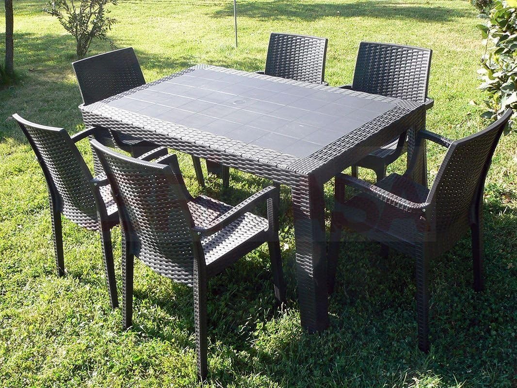 GARDENIA Set Garden Top Table et 6 fauteuils en résine Effet rotin de Jardin, Anthracite, 140x80x72 cm — vue 3