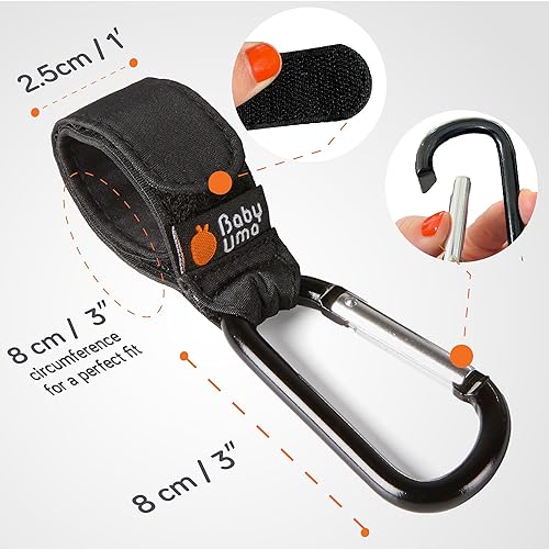 Miniatura 8 de Baby Uma Ganchos para cochecito de bebé, paquete de 4 clips para bolsa de pañales, lleva 11 libras por mosquetón de cochecito, correas ajustables