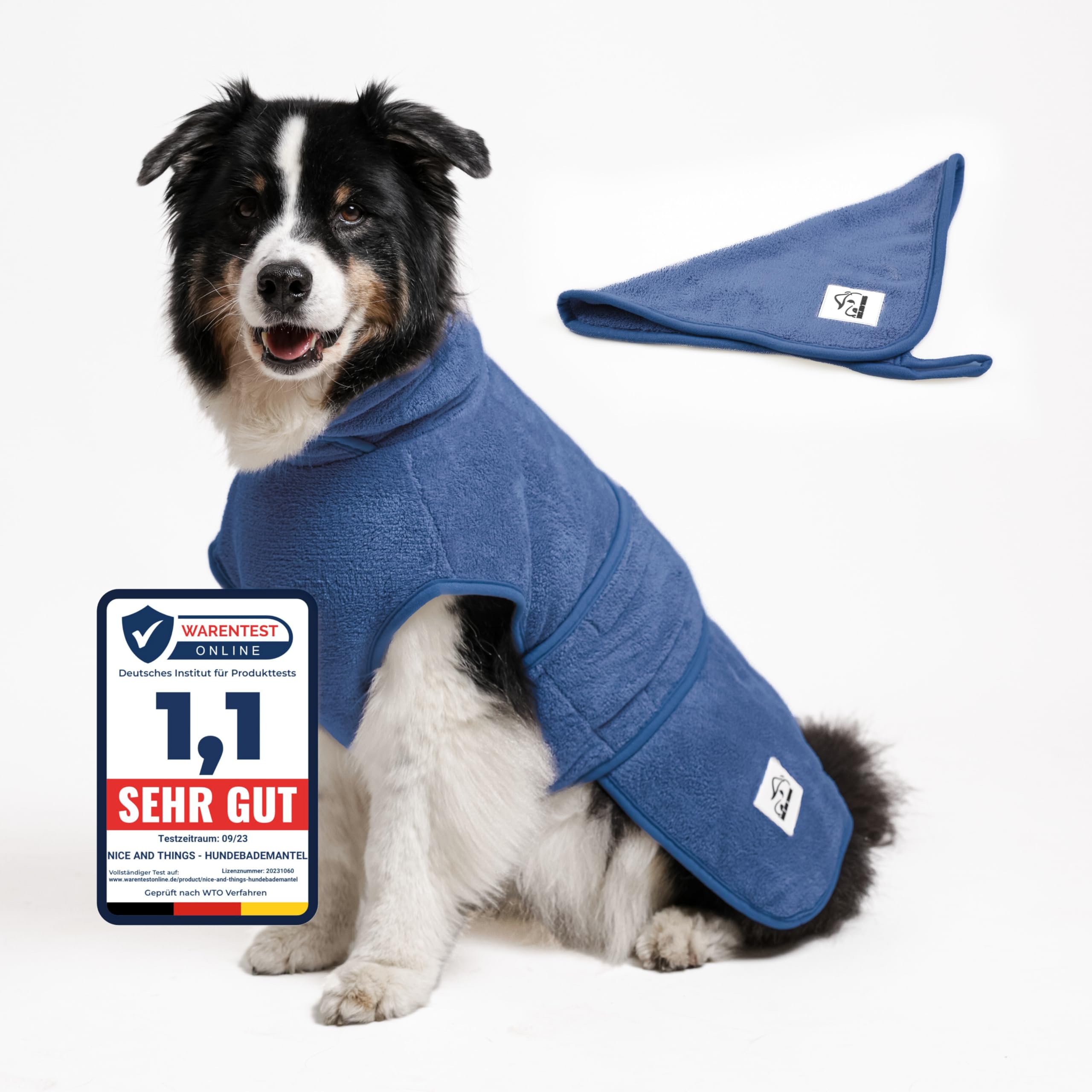 Peignoir de bain luxueux pour chien bleu – Vainqueur du test extra absorbant – Serviette pour chien ultra douce, super douce avec fermeture Velcro, pour chiens de taille moyenne et