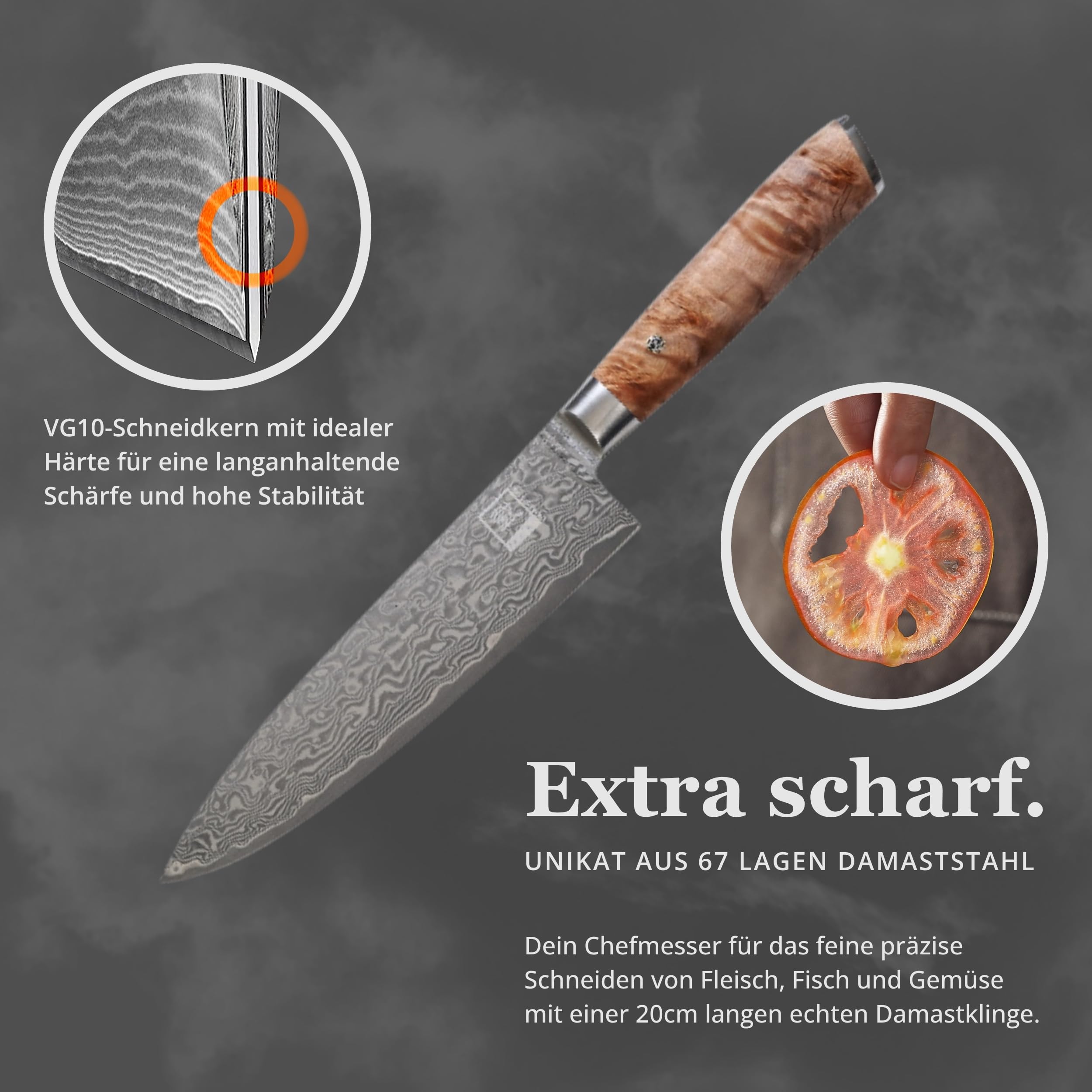 zayiko Kinone Premium Chefmesser mit 20 cm Klinge gefertigt aus 67 Lagen echtem Damaststahl mit Wurzelholzgriff Birke I Damastmesser Küchenmesser und Profi Kochmesser
