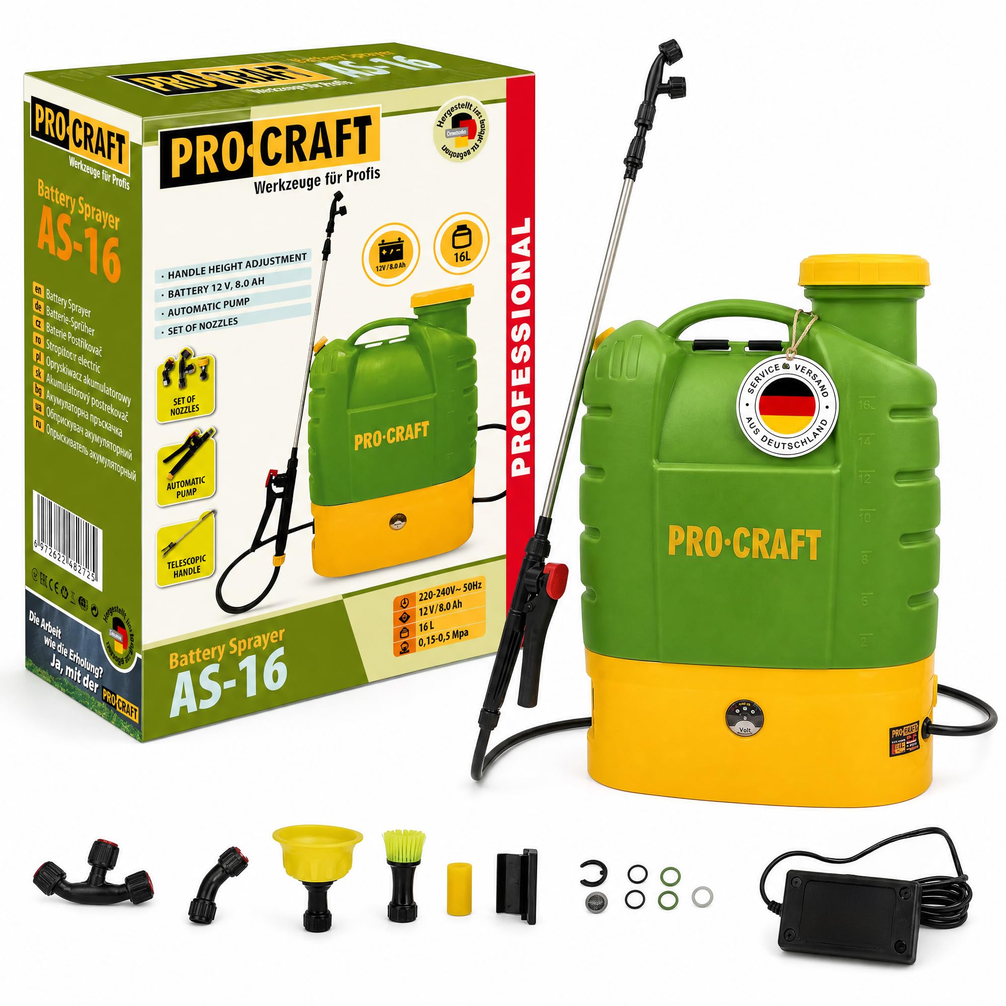 PROCRAFT AS-16 Spruzzatore a Batteria 12V 16L 5.5Bar + Batteria Integrata 8.0Ah + Caricatore