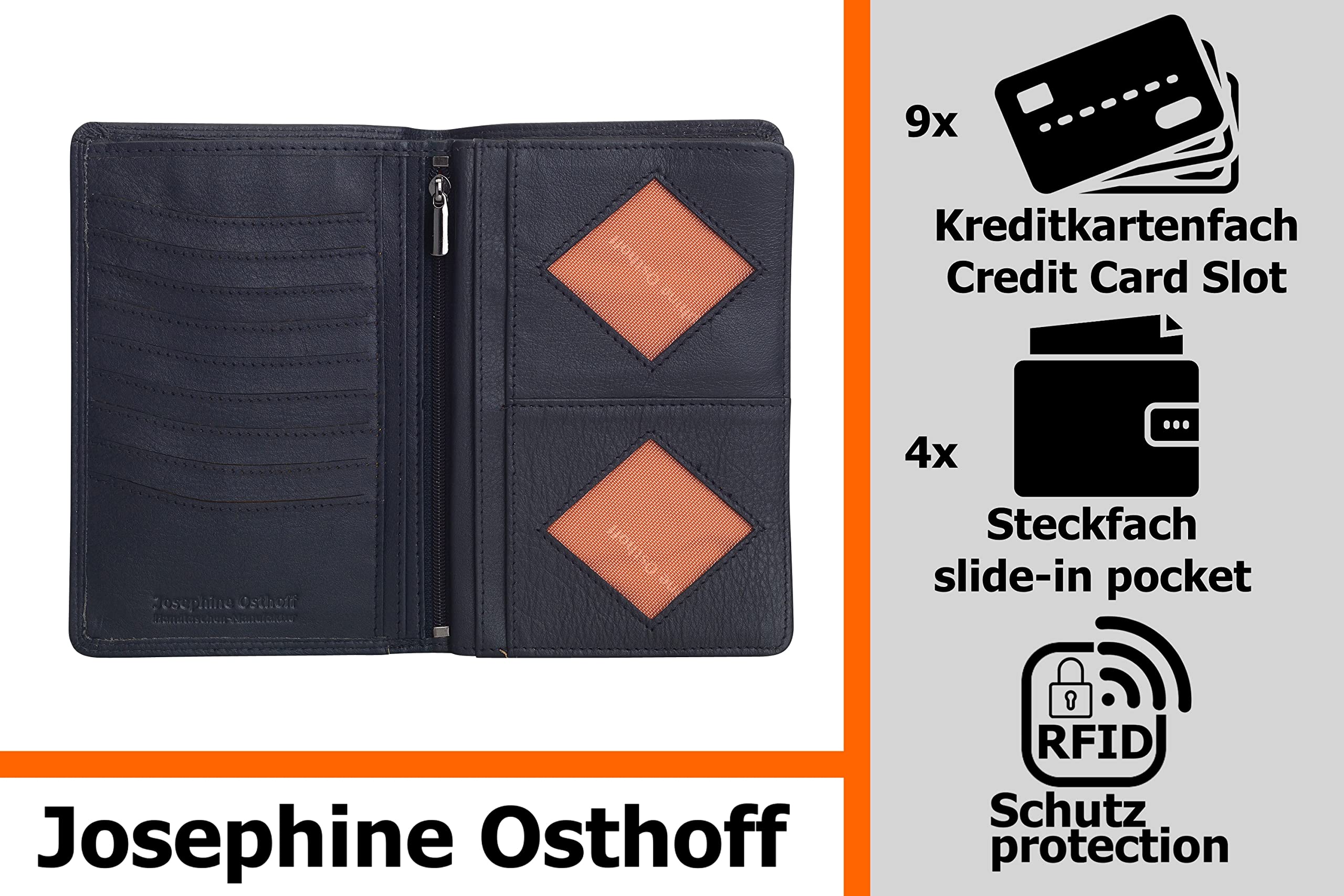 Josephine Osthoff Smukły Skórzany Portfel – Etui na Karty z Blokadą RFID ze Skóry Naturalnej Premium, Przegroda na Paszport i Dokumenty, dla Kobiet i Mężczyzn, Uniseks, Czarny