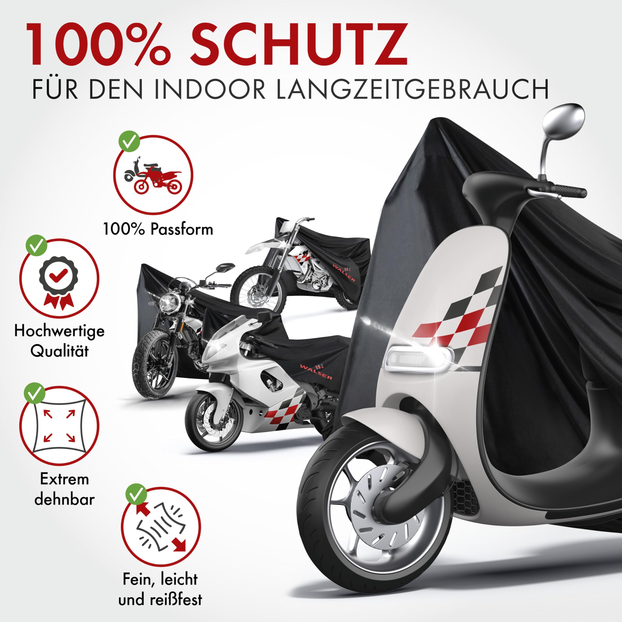 WALSER Telo Coprimoto Indoor M 215x95x120 cm - Coprimento Moto Stretch Traspirante, Protezione dalla Polvere per Scooter, Ciclomotore & Moto, Garage Moto Interno nero incl. Borsa