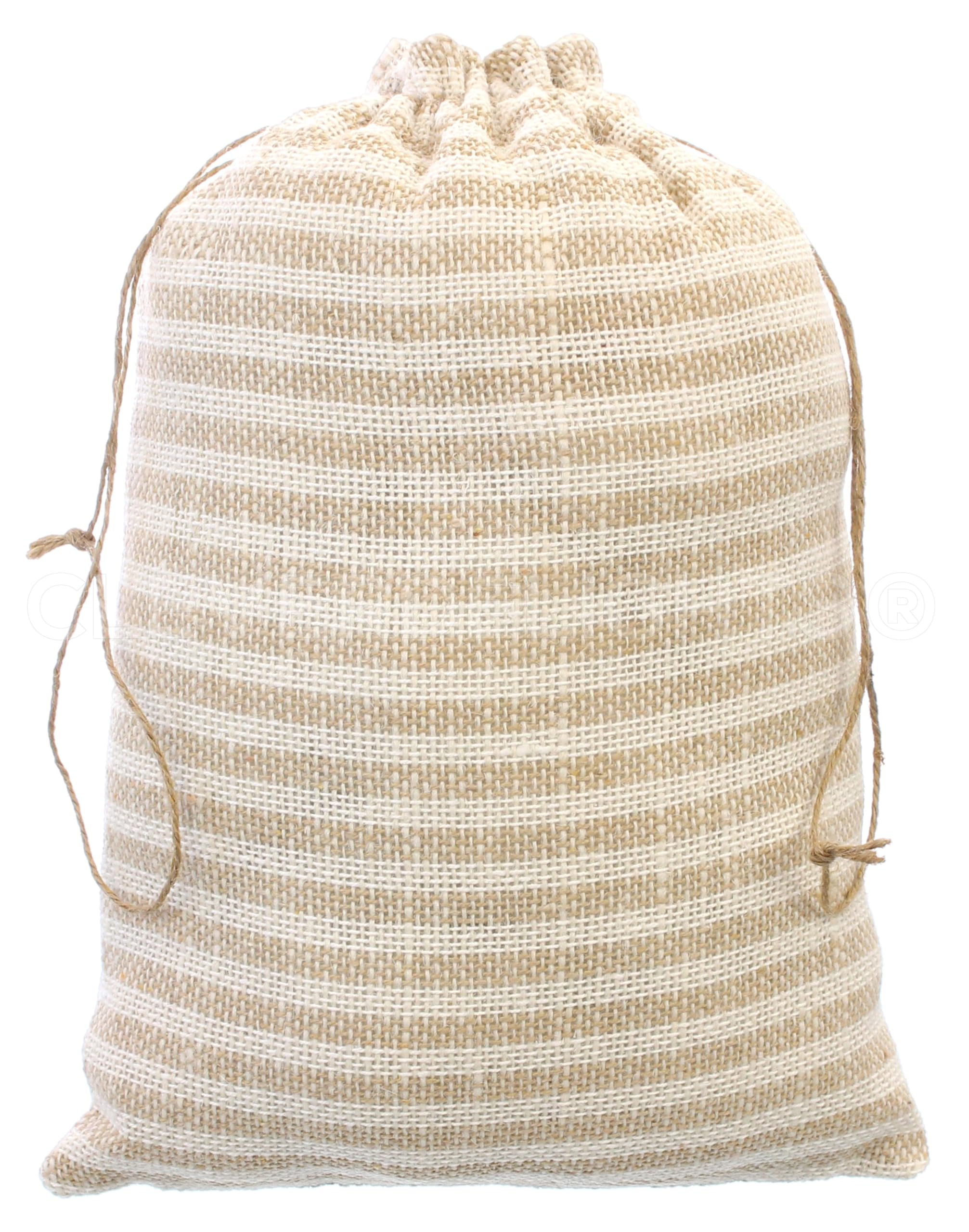 CleverDelights 10 x 14 Inch Burlap Bags - Natural/Ivory Stripe - 10 Pack - 10x14 Jute Burlap Drawstring Gift Sacks