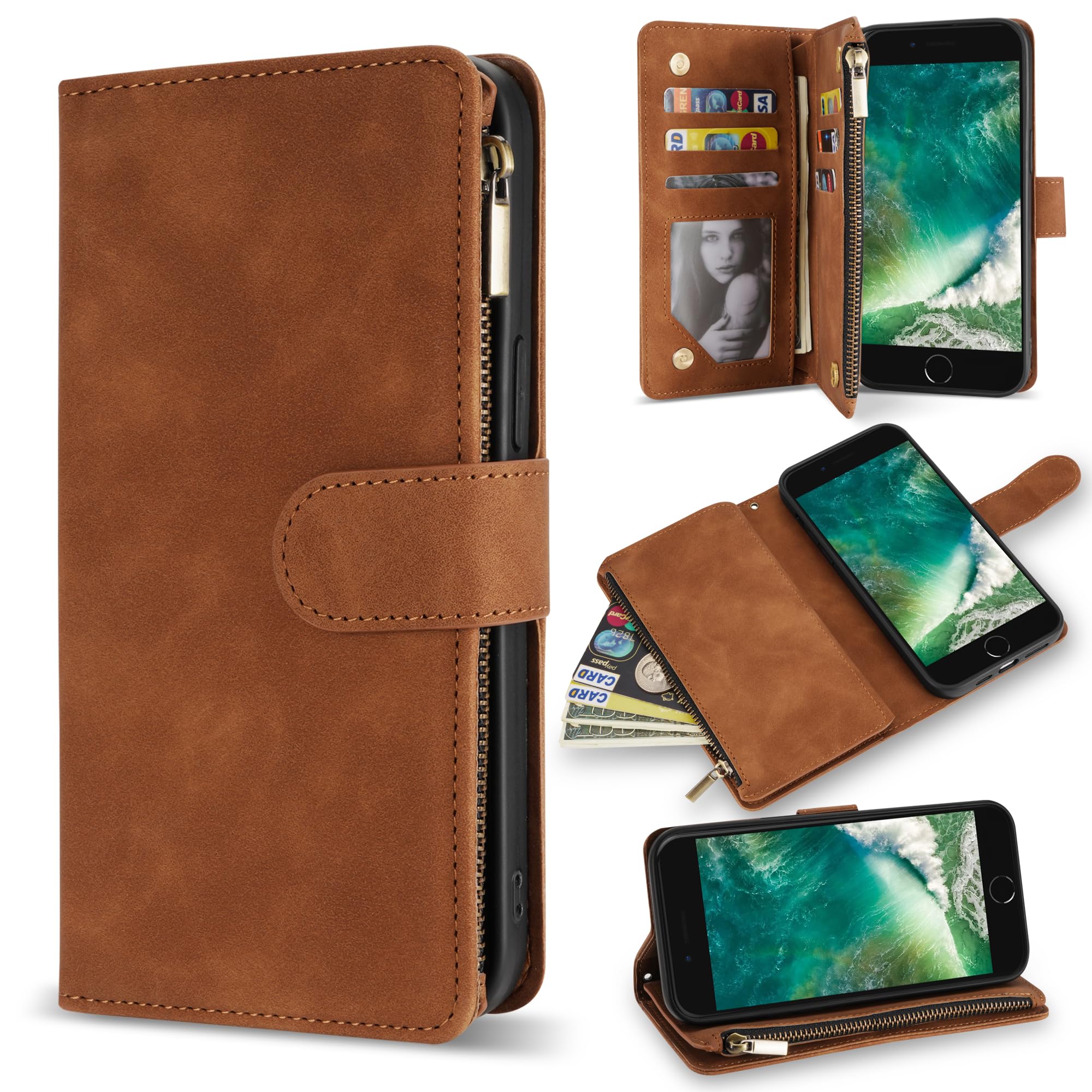 ZZXX iPhone SE 2022(2020)/iPhone 7/iPhone 8 Case Wallet with RFID Blocking Card Slot Soft PU Leather Zipper Flip Folio with Wrist Strap Kickstand Protective for iPhone 8 Wallet Case(Brown-4.7 inch)